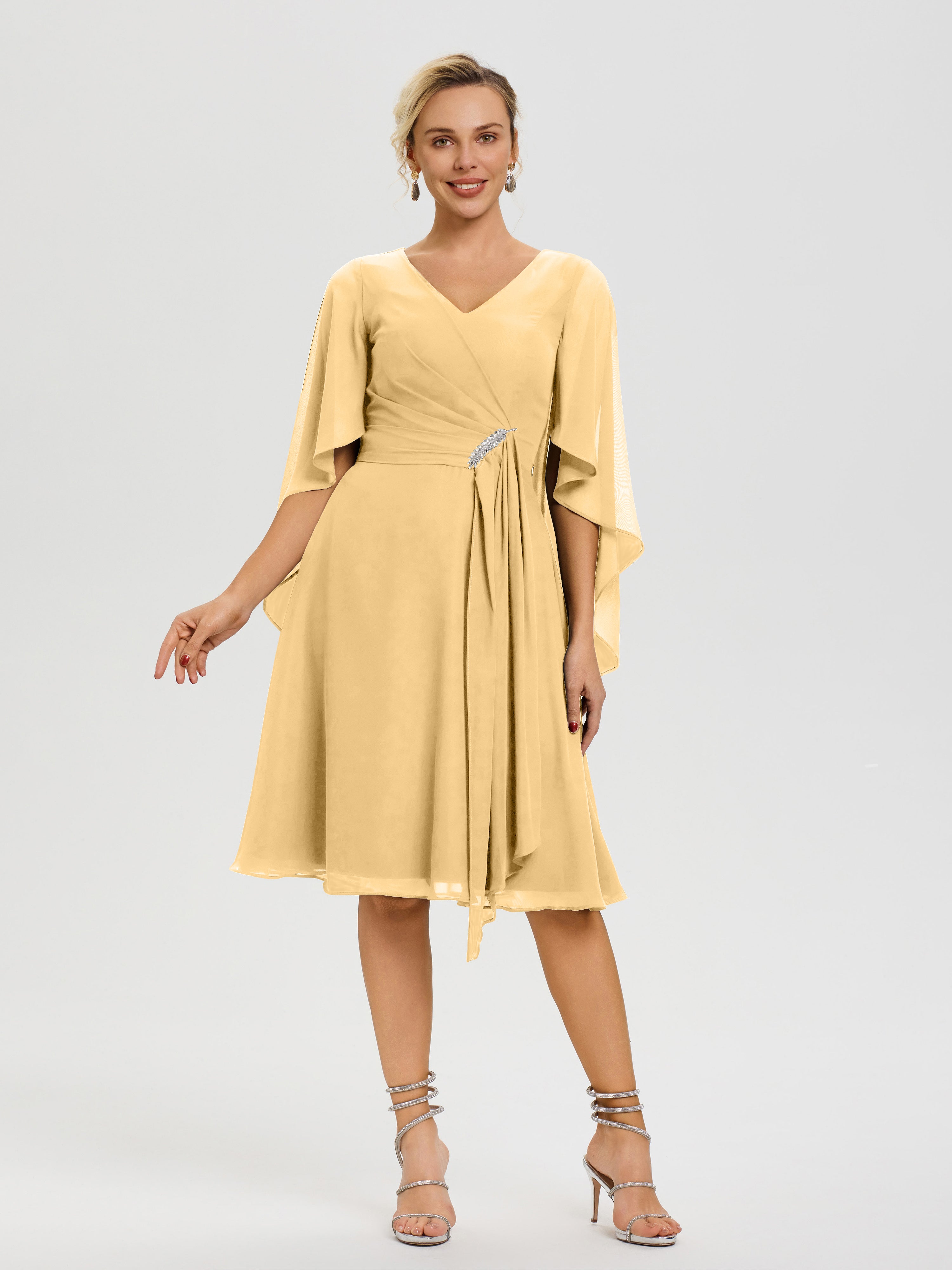 Mother Of The Bride Gold Dress Elegant V Neck Ruffle Sleeves Back Zip Mother Of The Bride Gold Dress Elegant V Neck Ruffle Sleeves Back Zip