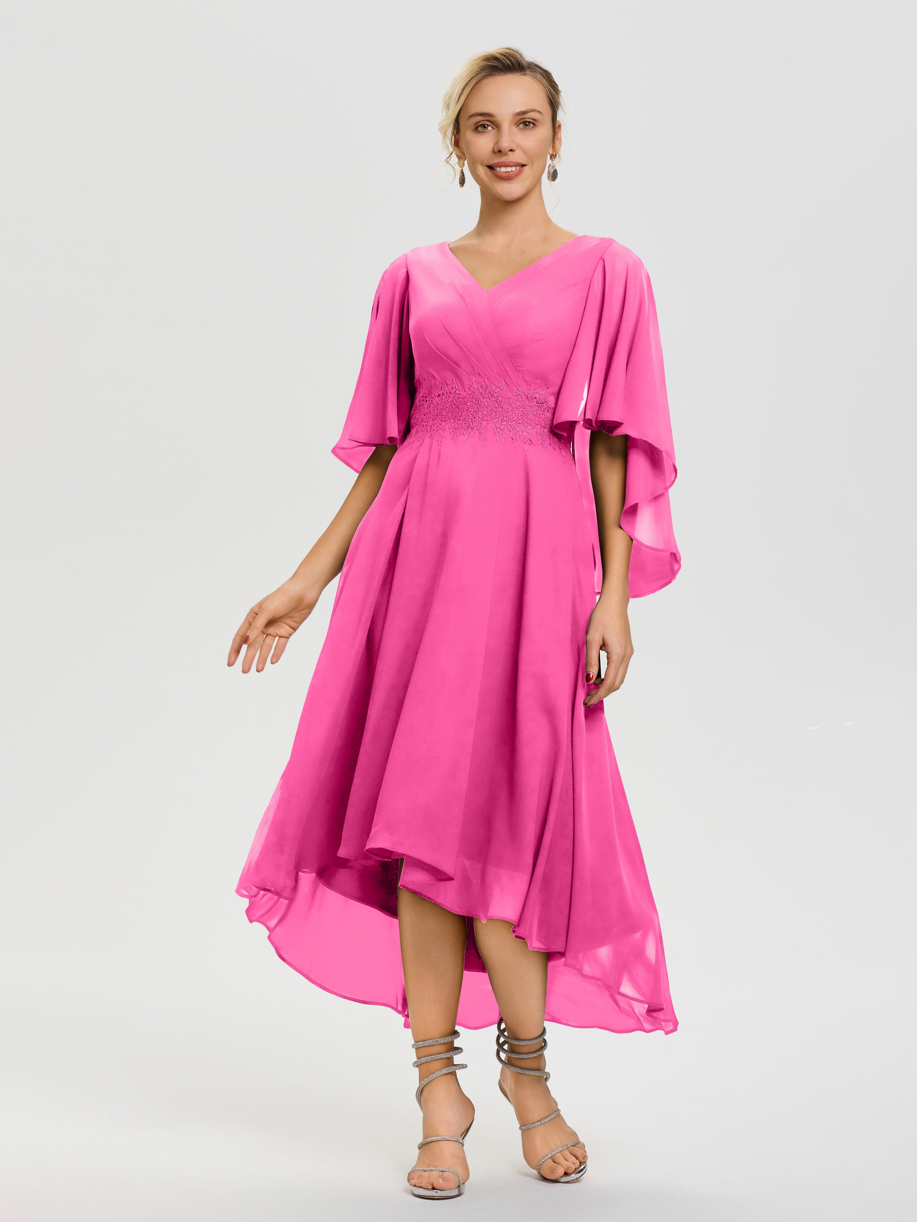 Plum Mother Of Bride Dress A Line Chiffon V Neck Ruffle Sleeves Appliques Waist High Low Mother Of The Bride Dresses