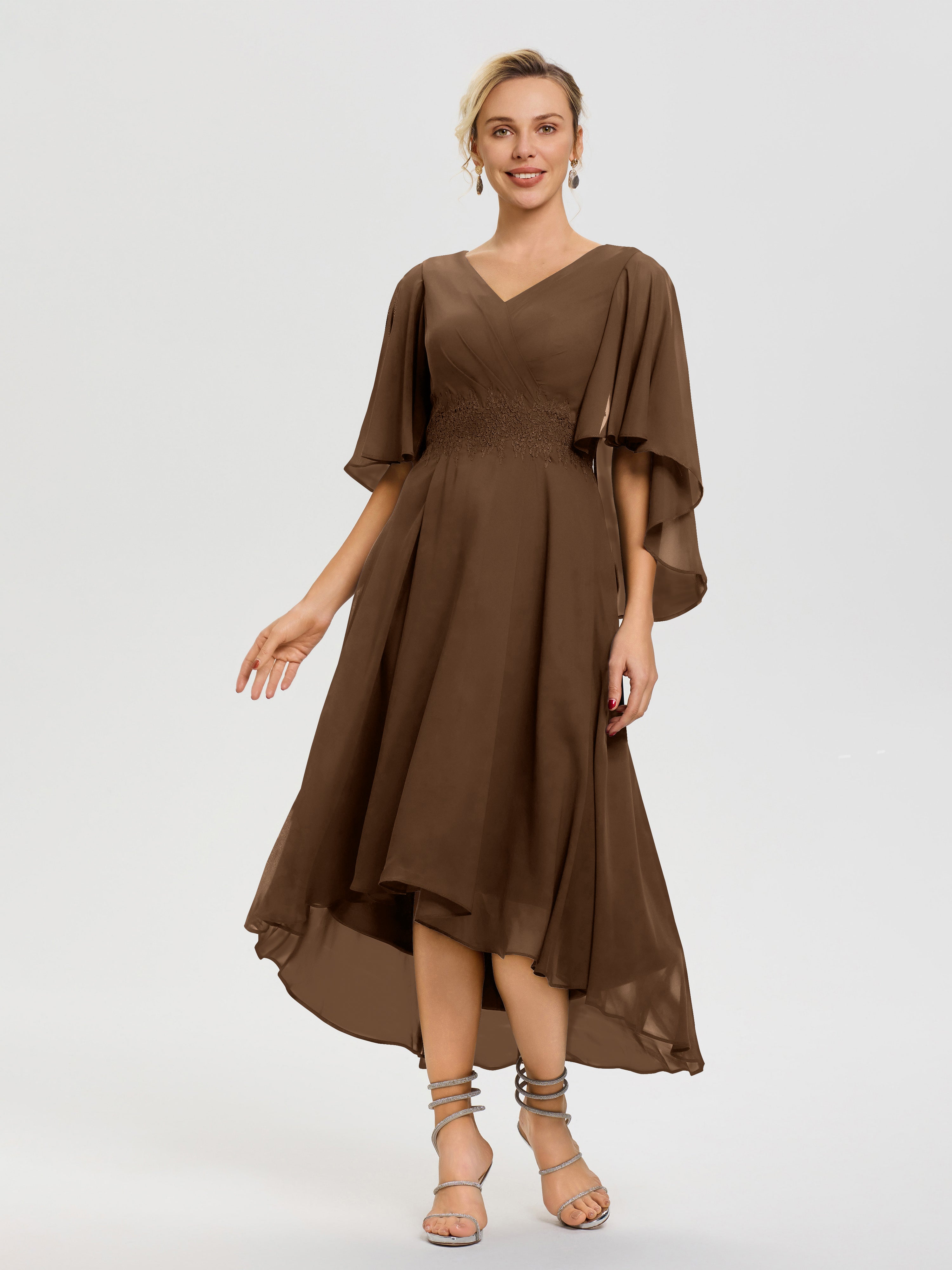 Brown Mother Of The Bride Dresses A Line Chiffon V Neck Ruffle Sleeves