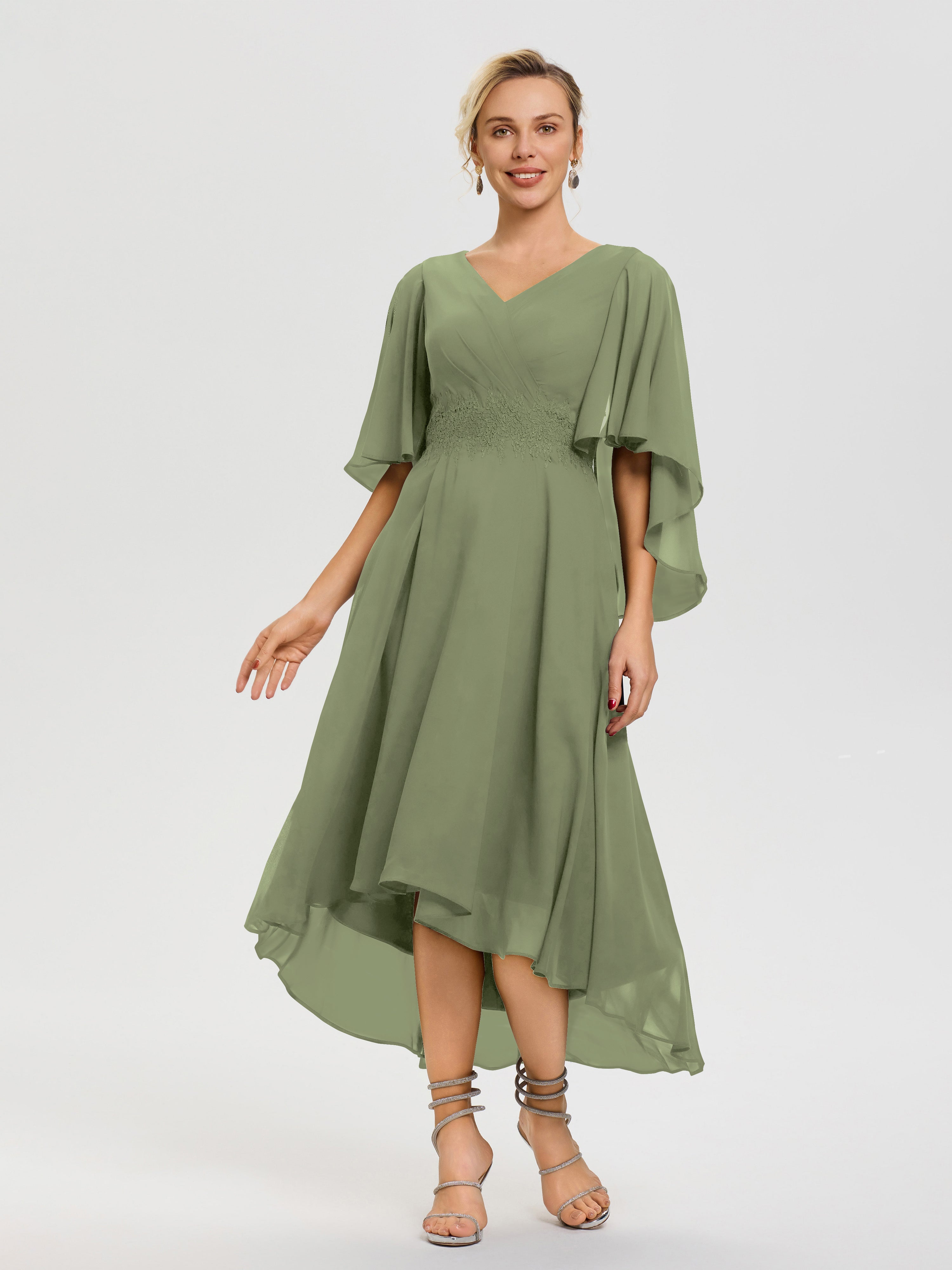 Olive Green Mother Of The Bride Dress A Line Chiffon V Neck Ruffle Sle
