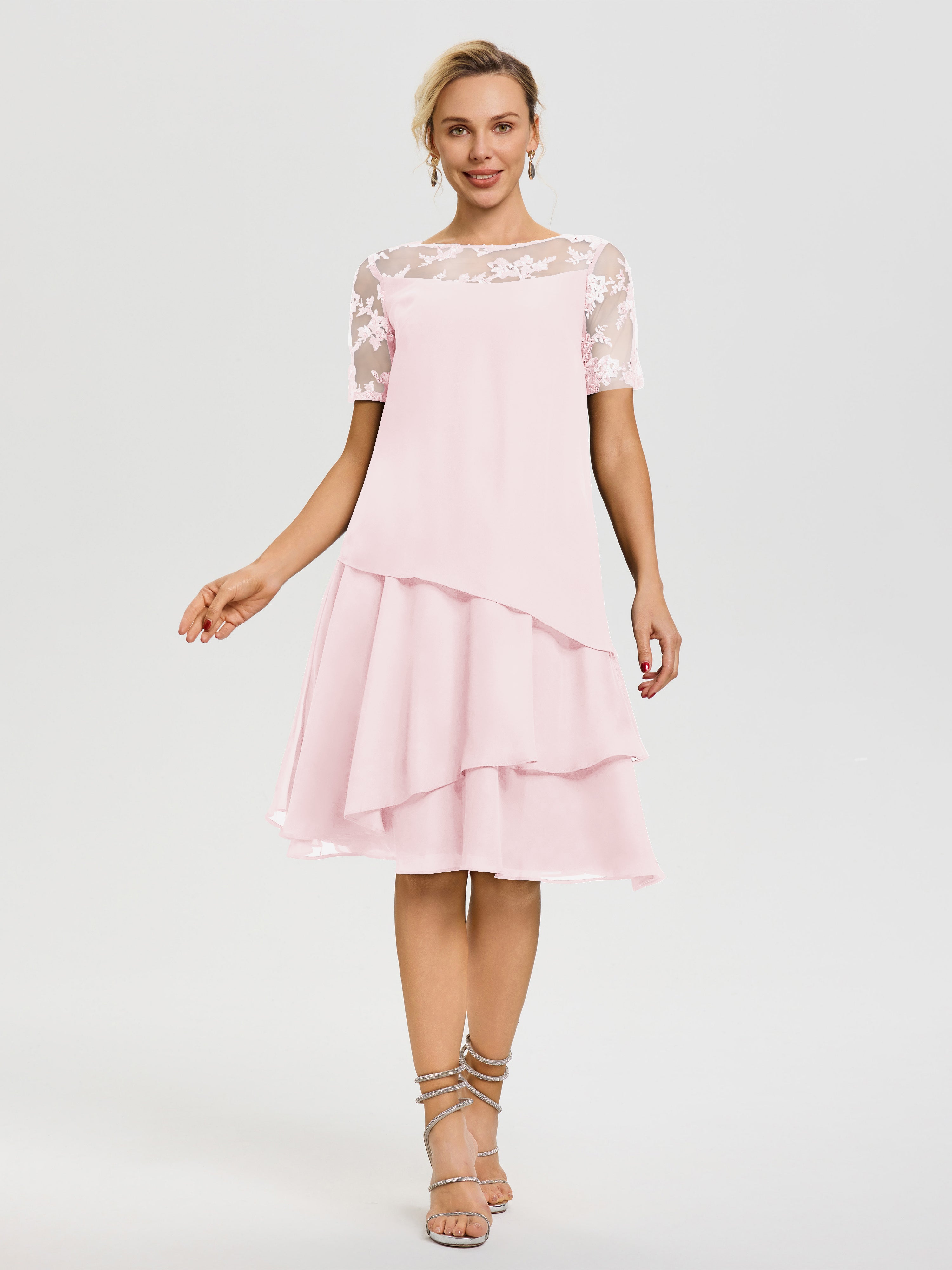 Mother Of The Bride Green Dresses A Line Illusion Neck Short Sleeves Ruffles Chiffon Knee Length Mother Of The Bride Dresses