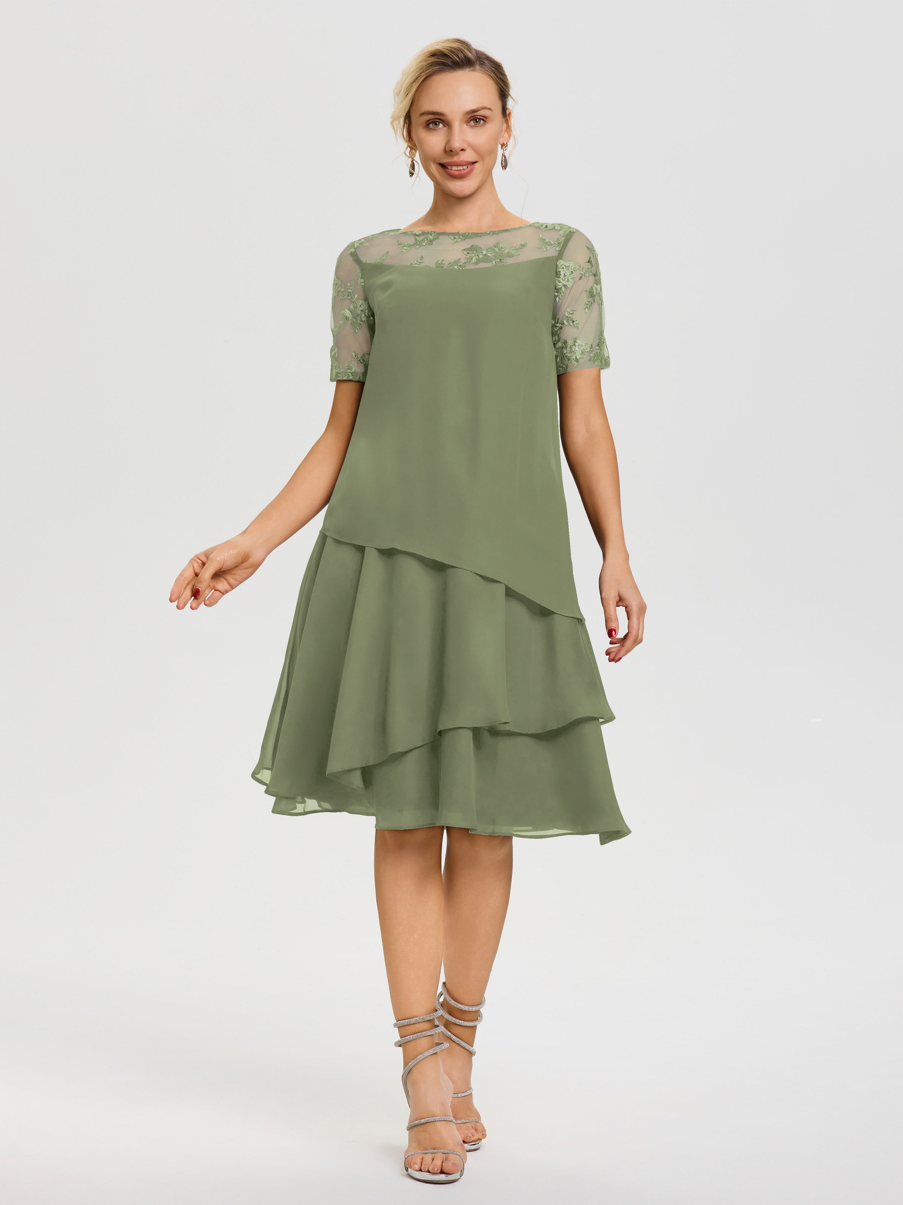 Olive Green Mother Of Bride Dress A Line Illusion Neck Short Sleeves R