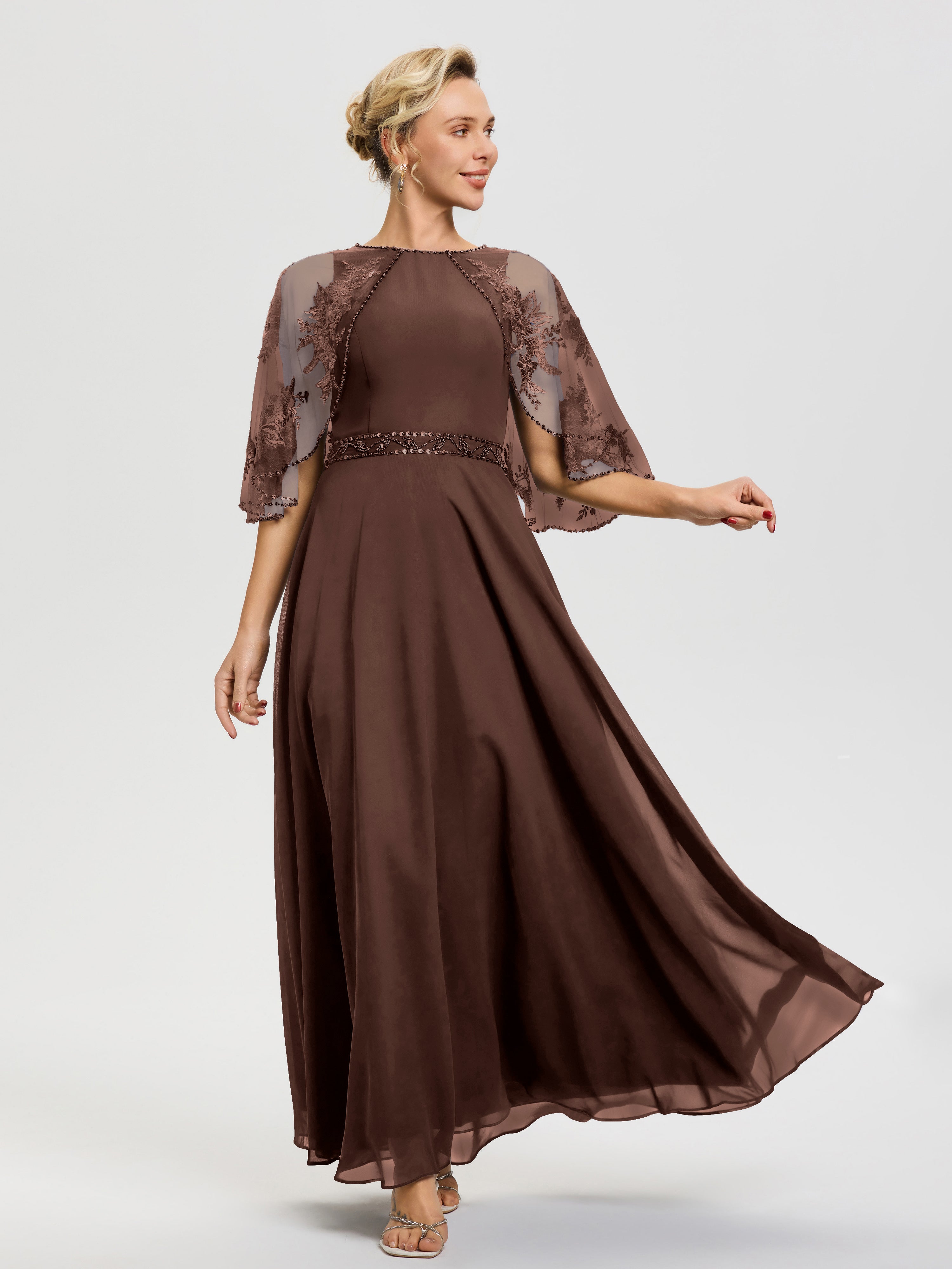 Chocolate Mother Of The Bride Dress Beaded Cape-Sleeve Jewel Neck Chif