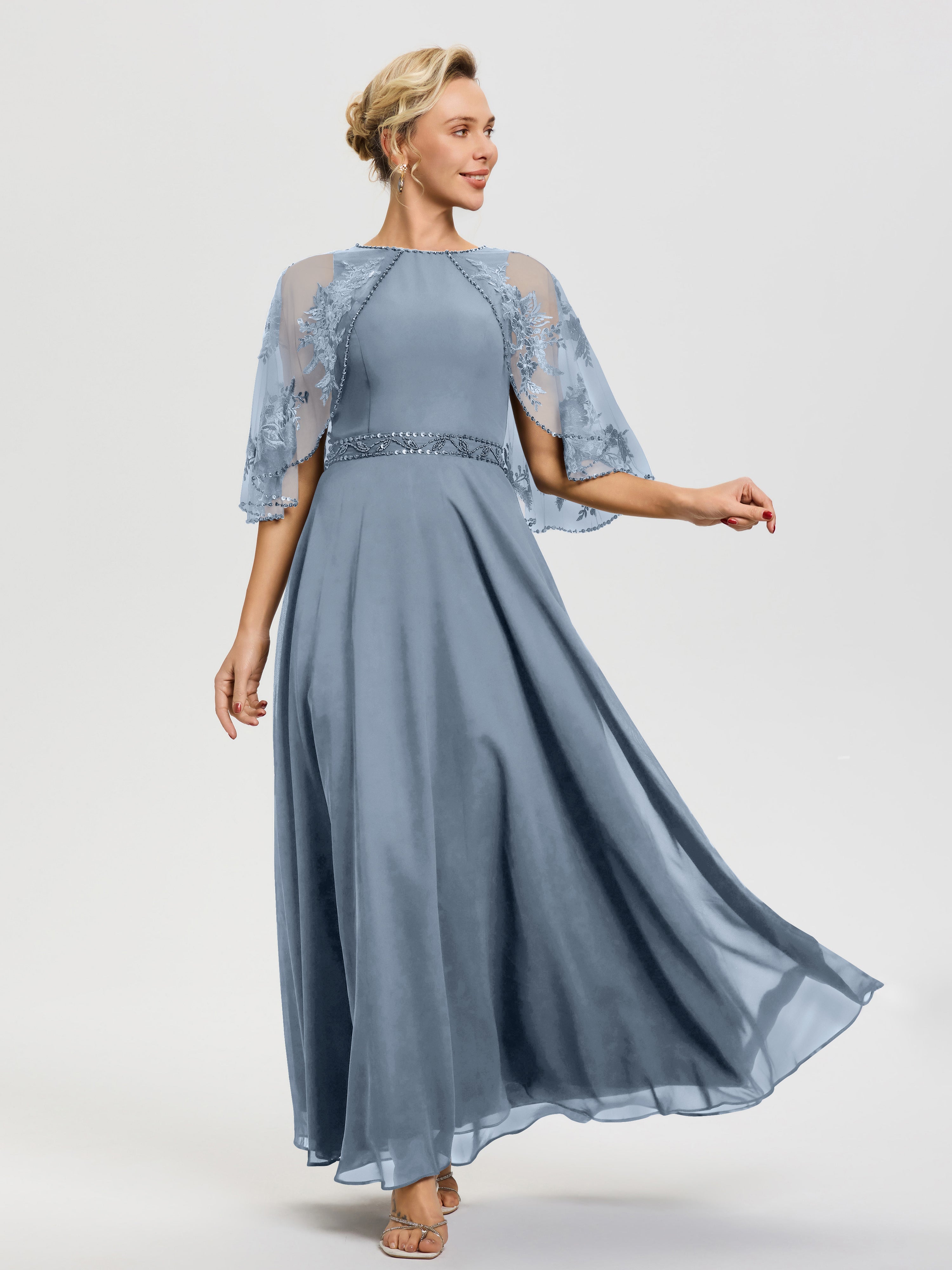 Mother Of The Bride Dusty Blue Dress Beaded Cape-Sleeve Jewel Neck Chi