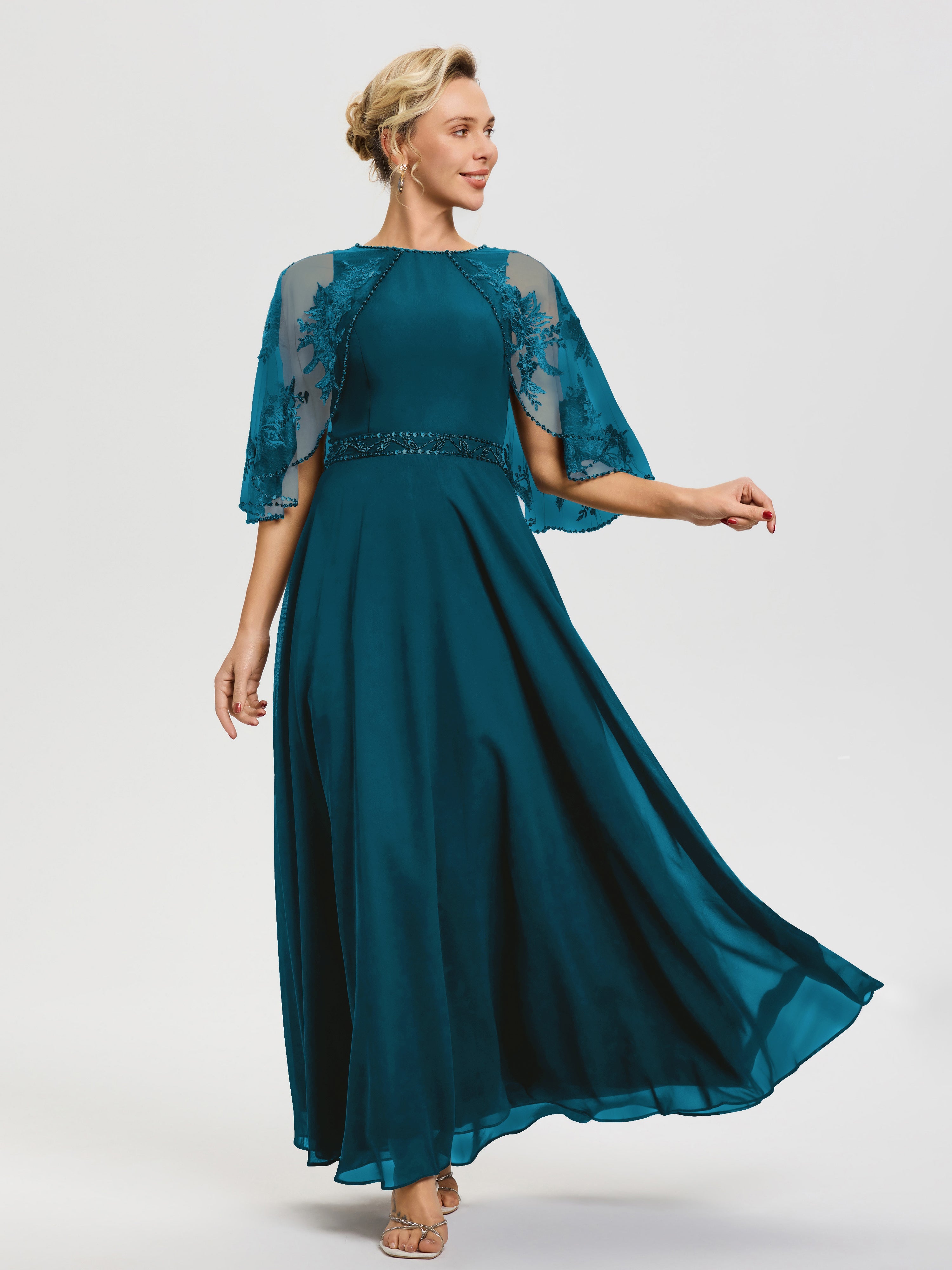 Ink Blue Mother Of The Bride Dress With Sleeves Beaded Cape-Sleeve Jew