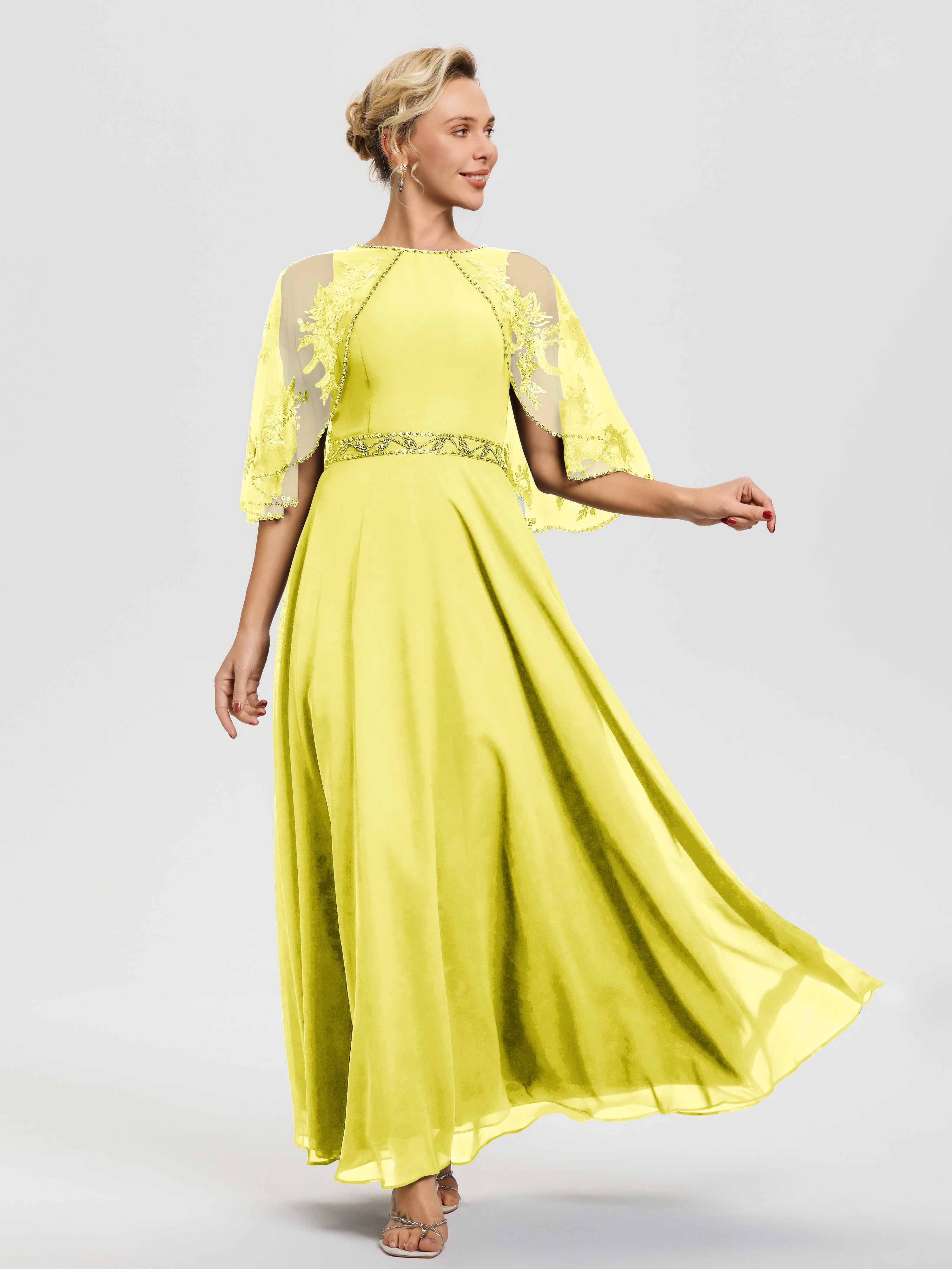 Lemon Dresses For Mother Of The Bride Beaded Cape-Sleeve Jewel Neck Ch Lemon Dresses For Mother Of The Bride Beaded Cape-Sleeve Jewel Neck Ch