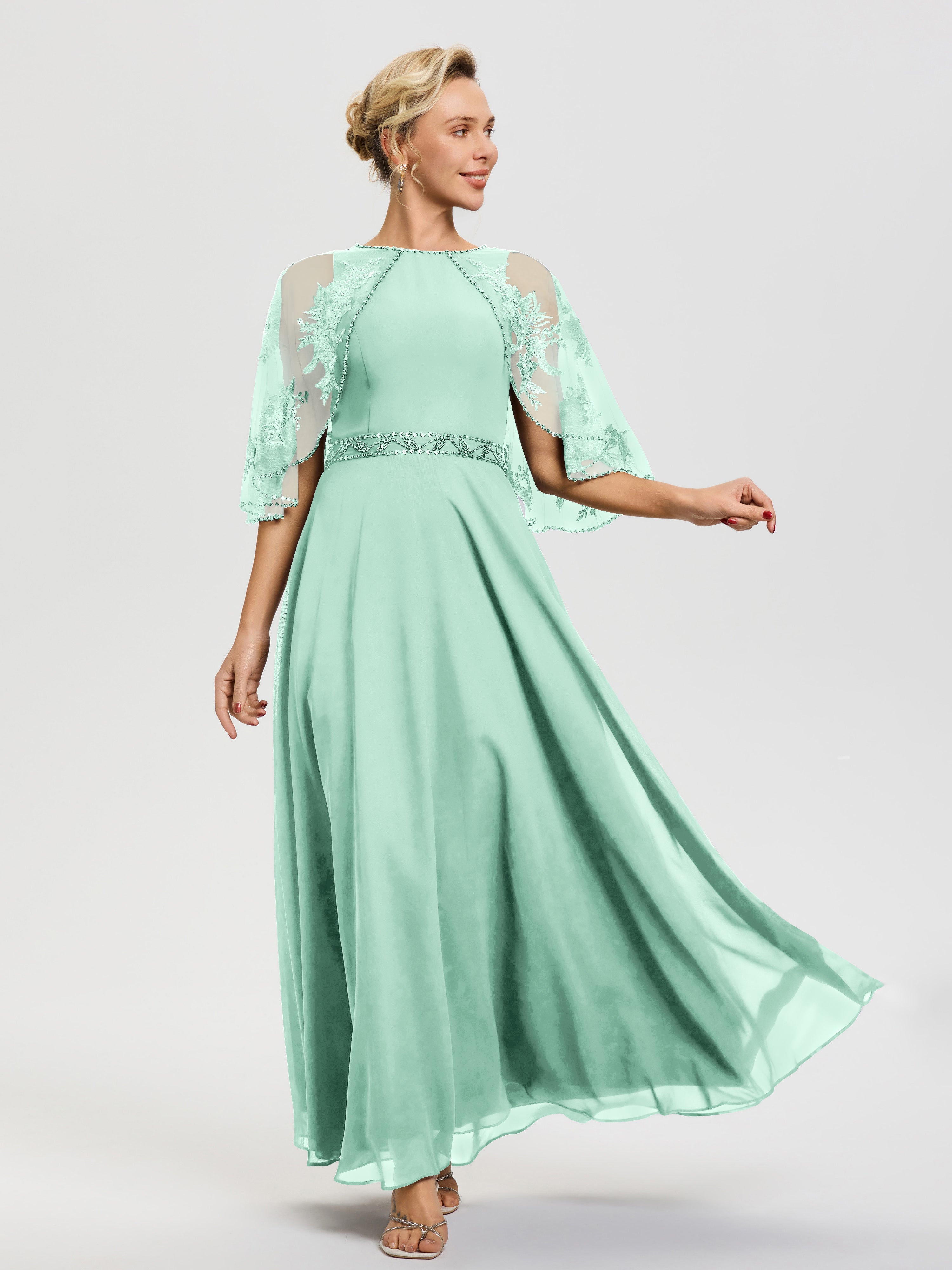 Mint Green Mother Of The Bride Dress Beaded Cape-Sleeve Jewel Neck Chi