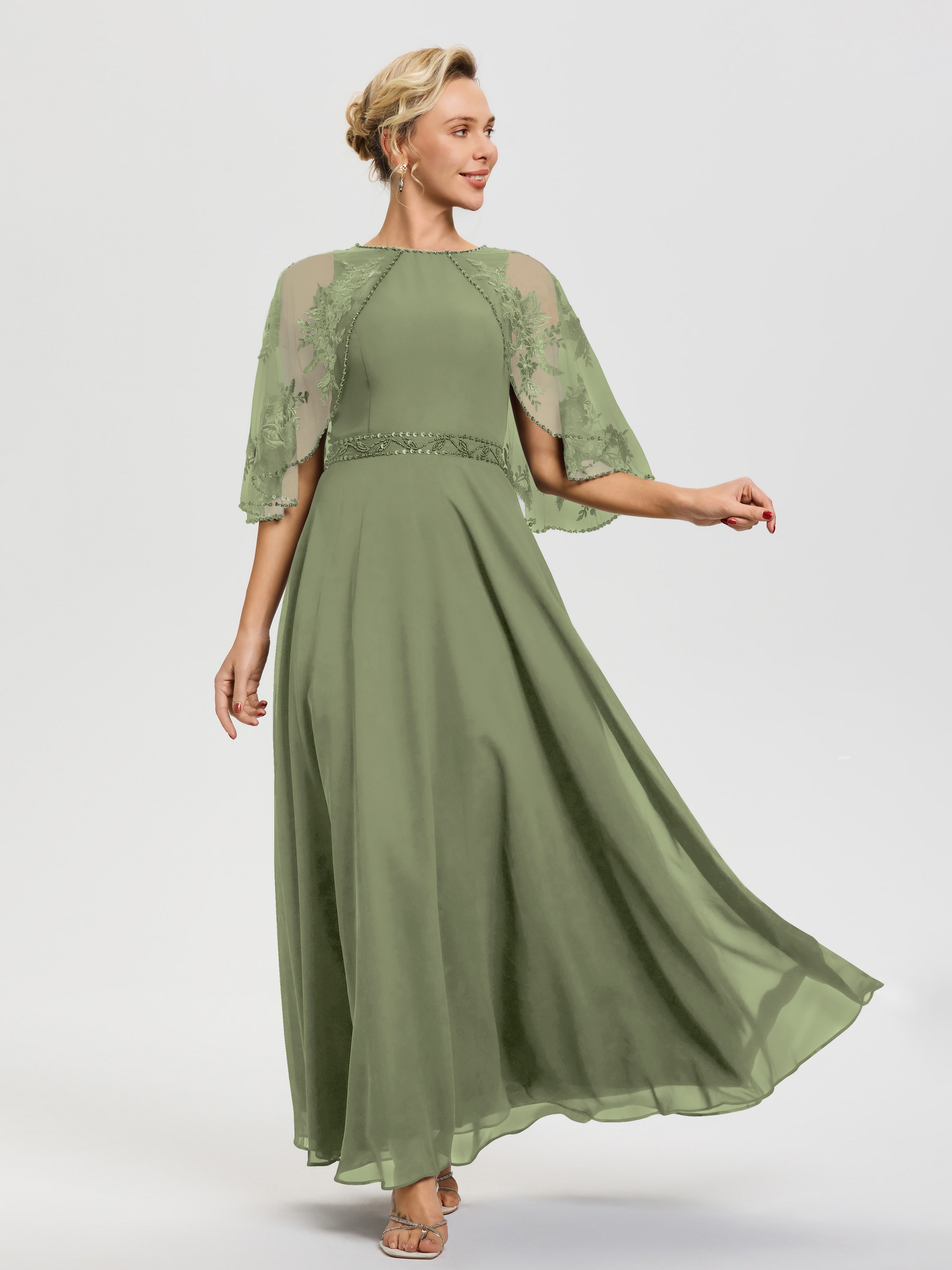 Light Olive Green Mother Of The Bride Dresses Beaded Cape-Sleeve Jewel