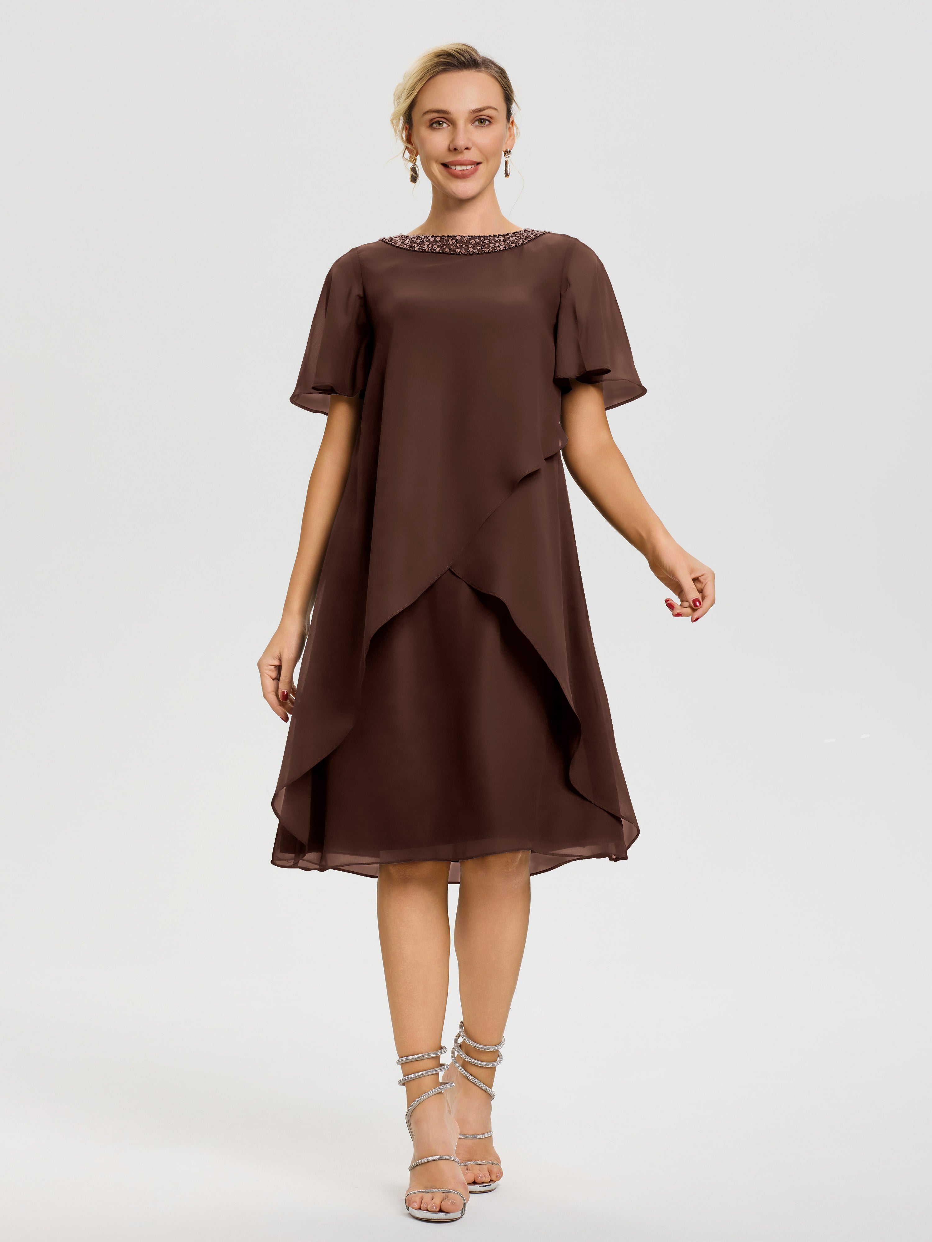 Chocolate Mother Of The Bride Dresses Jewel A-Line Short Sleeves Beadi