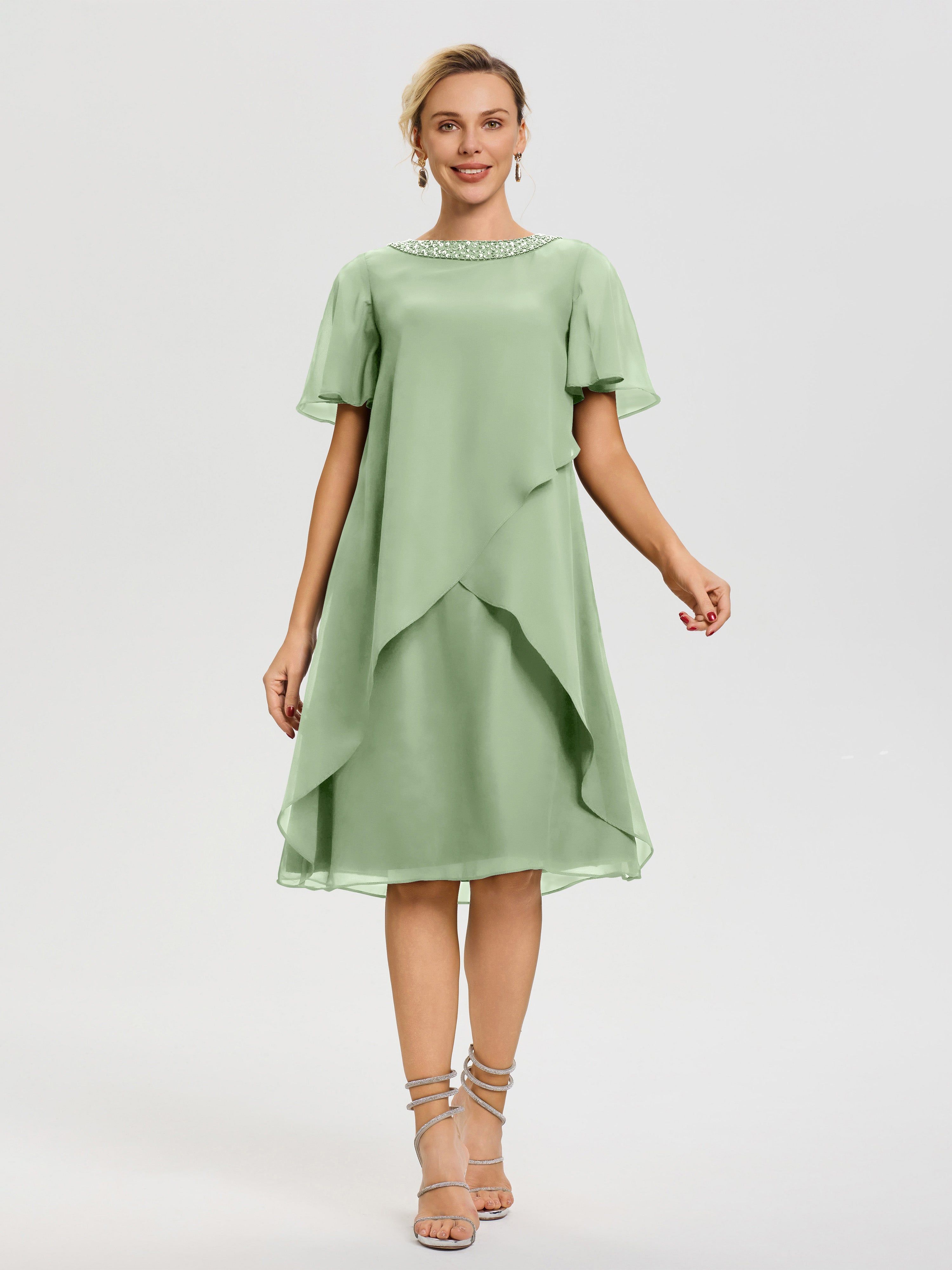 dark sage green dress Dark Sage Green Mother Of The Bride Dress Jewel A-Line Short Sleeves B