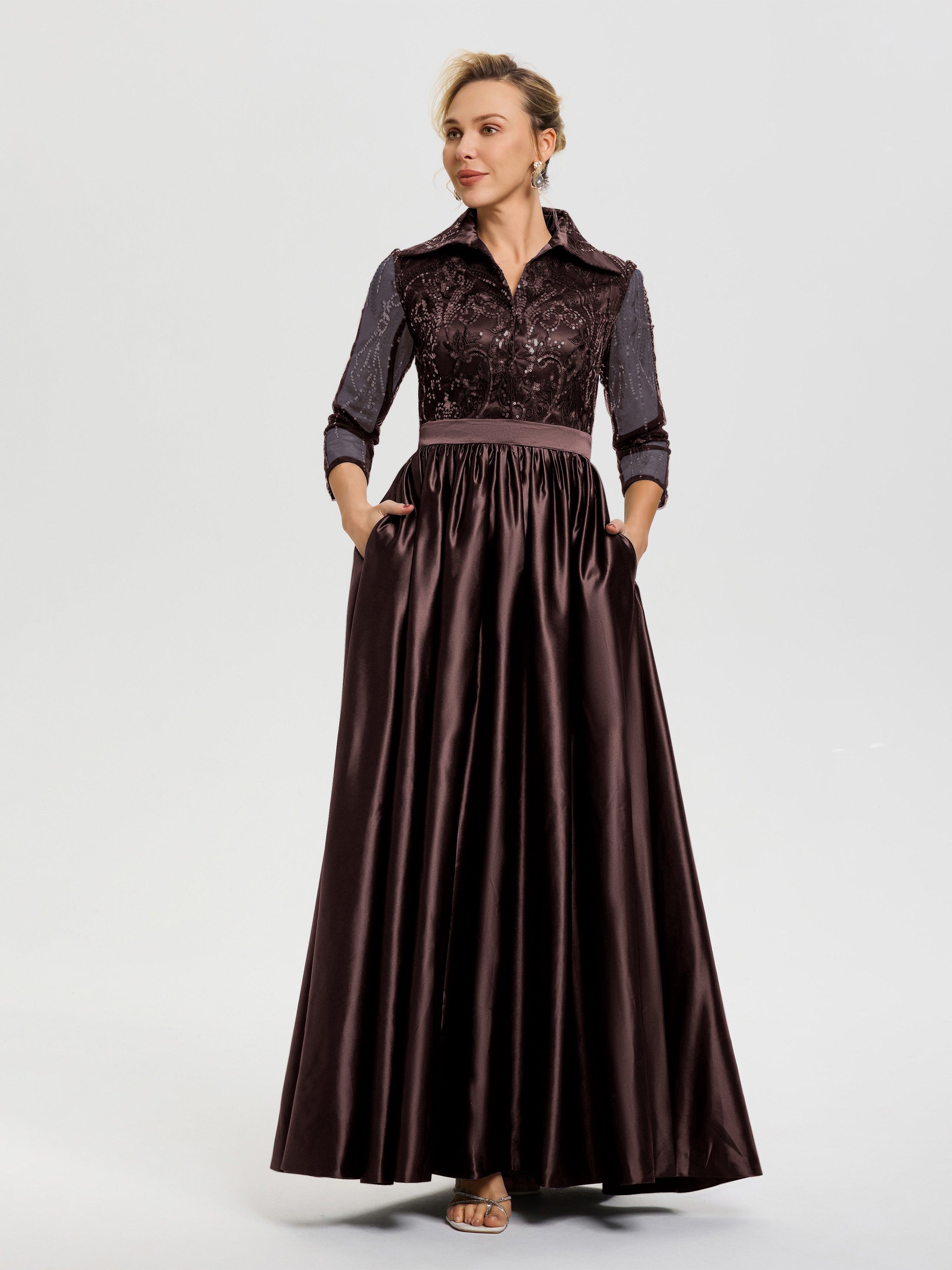 Chocolate Brown Mother Of The Bride Dress Satin V-Neck 3/4 Sleeves Lac