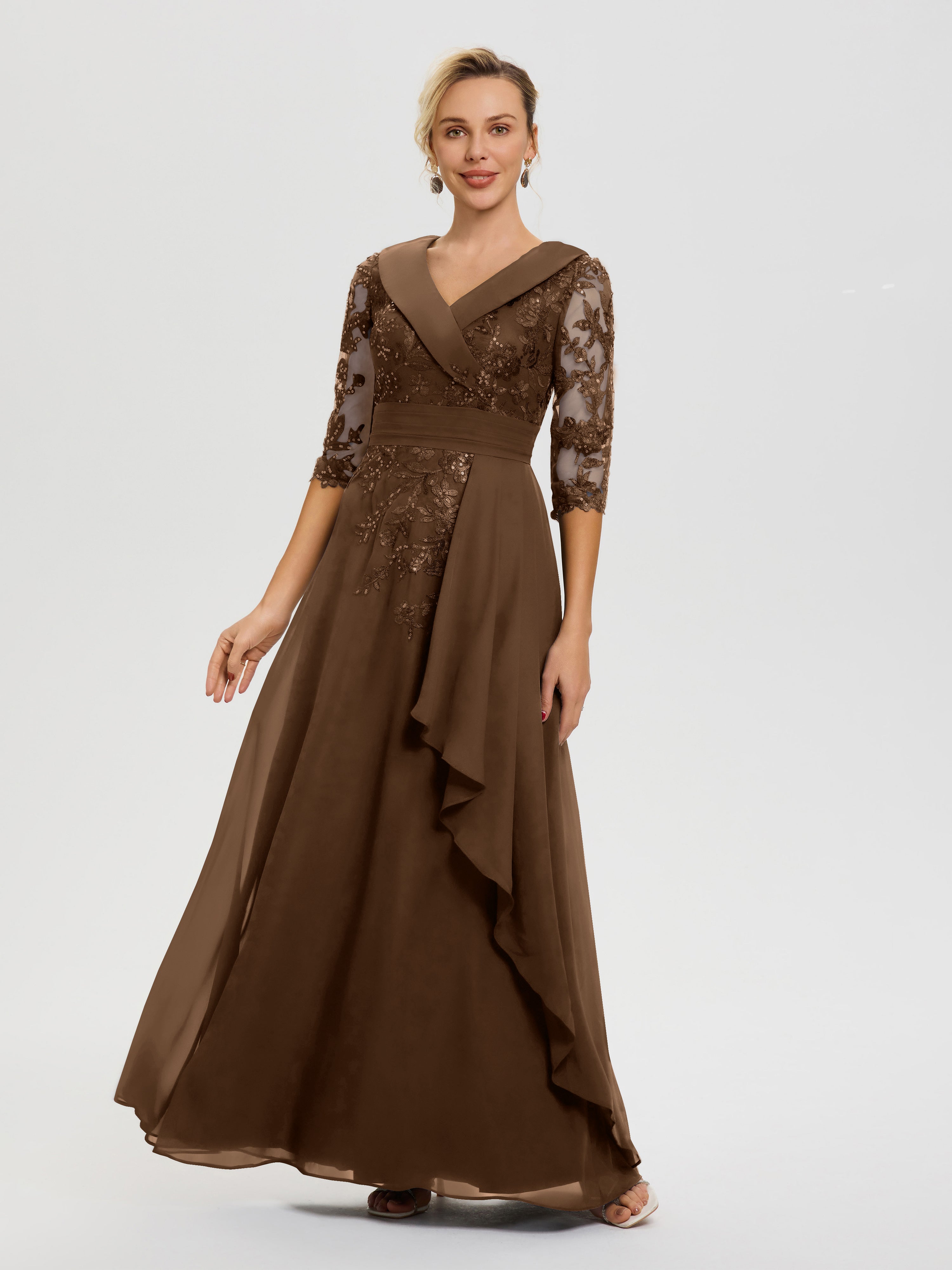 Mother Of The Bride Dress Brown A Line V Neck 3/4 Illusion Sleeves Appliqued Chiffon Floor Length Mother Of The Bride Dresses Mother Of The Bride Dress Brown A Line V Neck 3/4 Illusion Sleeves Appliqued Chiffon Floor Length Mother Of The Bride Dresses