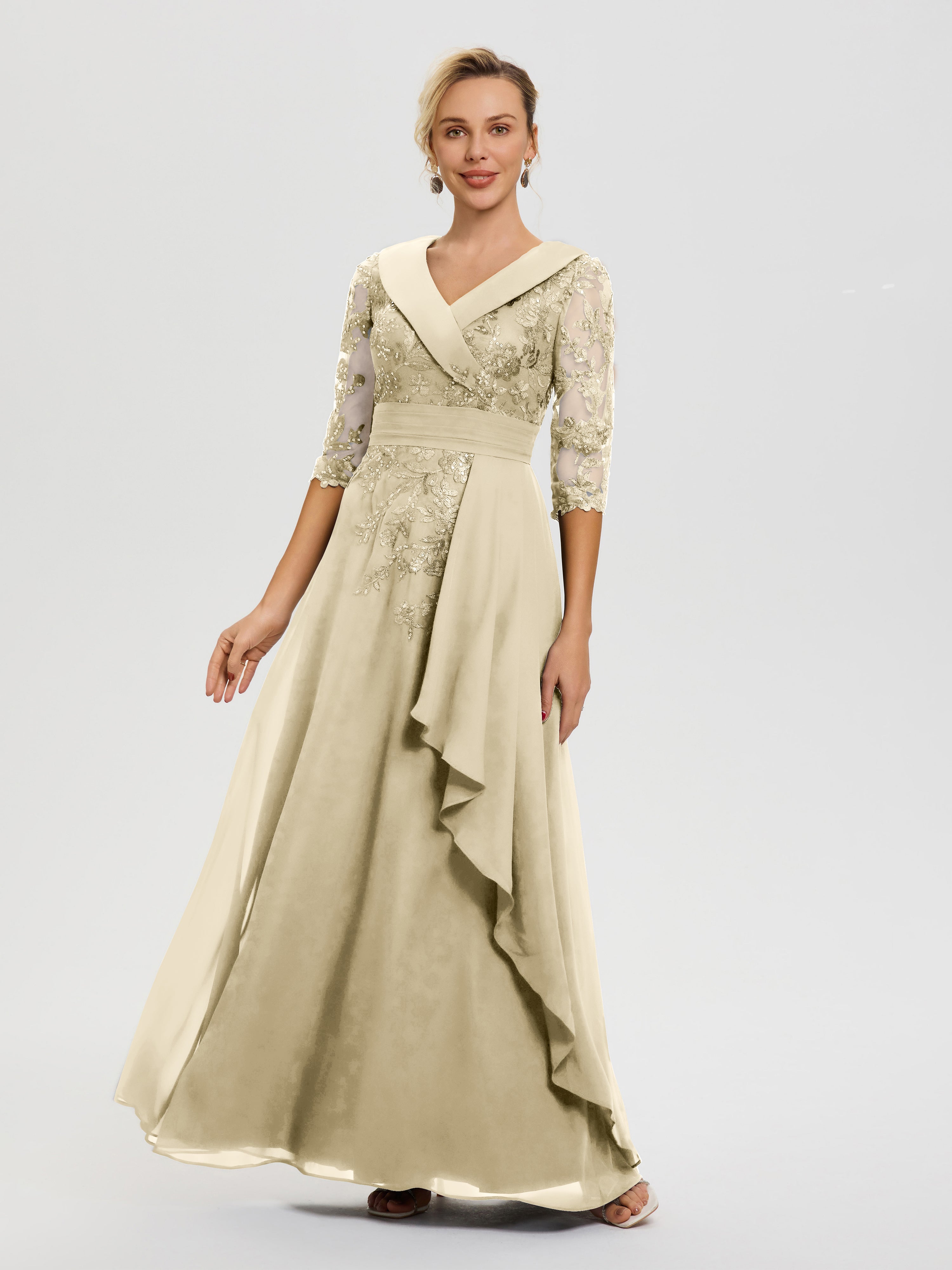 Champagne Mother Of The Bride Dress With Sleeves A Line V Neck 3/4 Ill