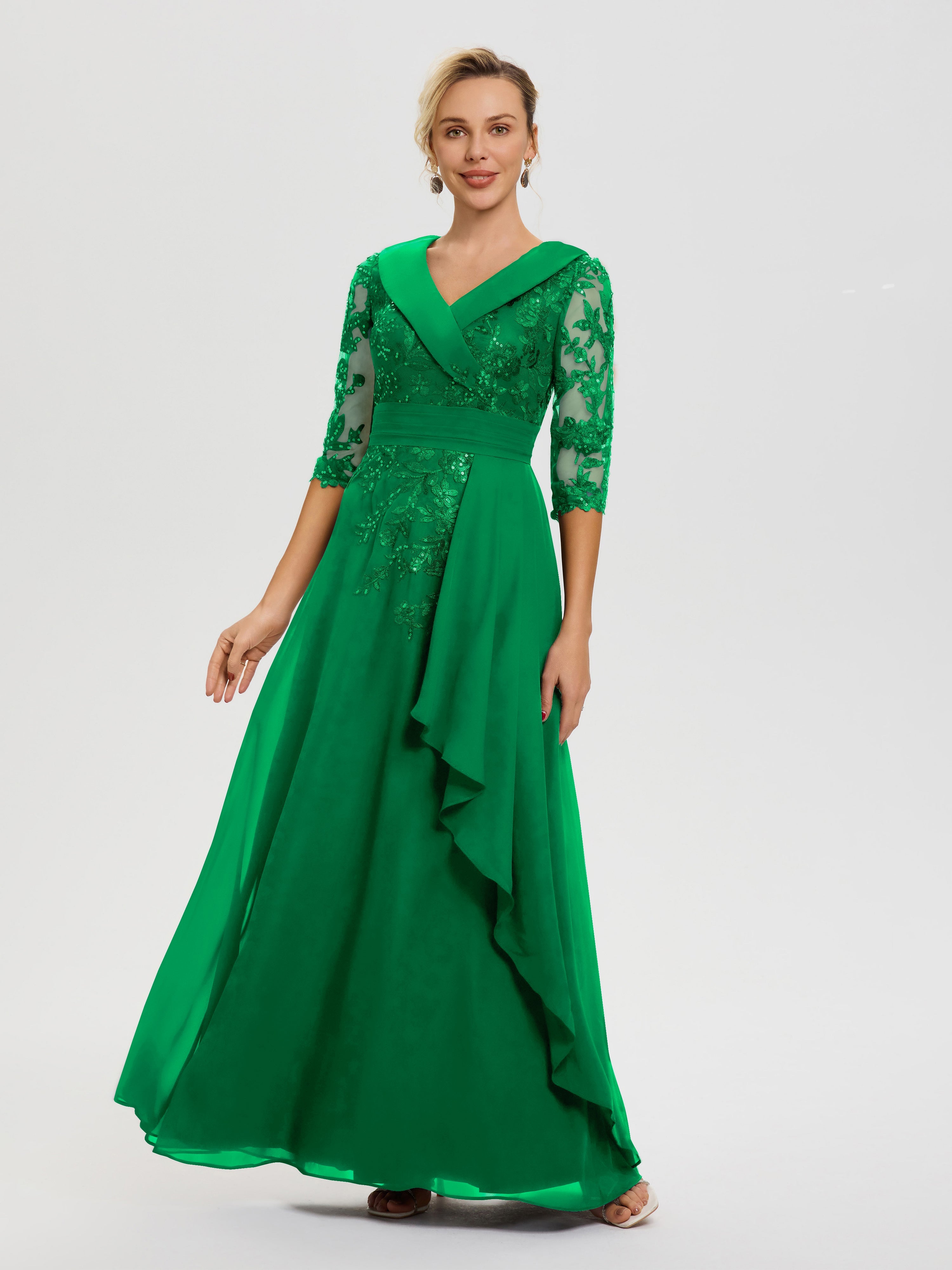 Mother Of The Bride Emerald Green A Line V Neck 3/4 Illusion Sleeves A Mother Of The Bride Emerald Green A Line V Neck 3/4 Illusion Sleeves A