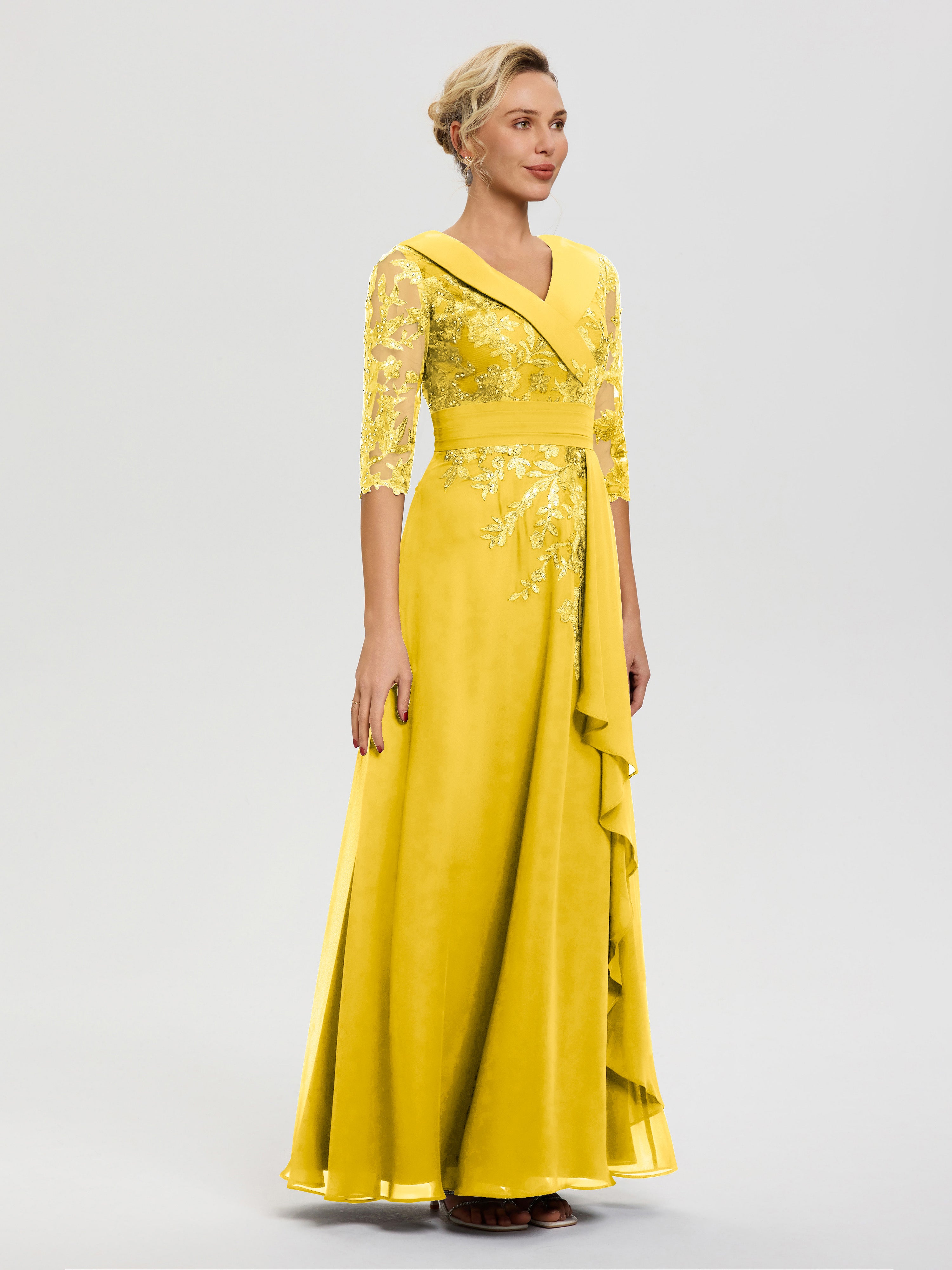 Marigold Dresses For Mother Of The Bride A Line V Neck 3/4 Illusion Sleeves Appliqued Chiffon Floor Length Mother Of The Bride Dresses
