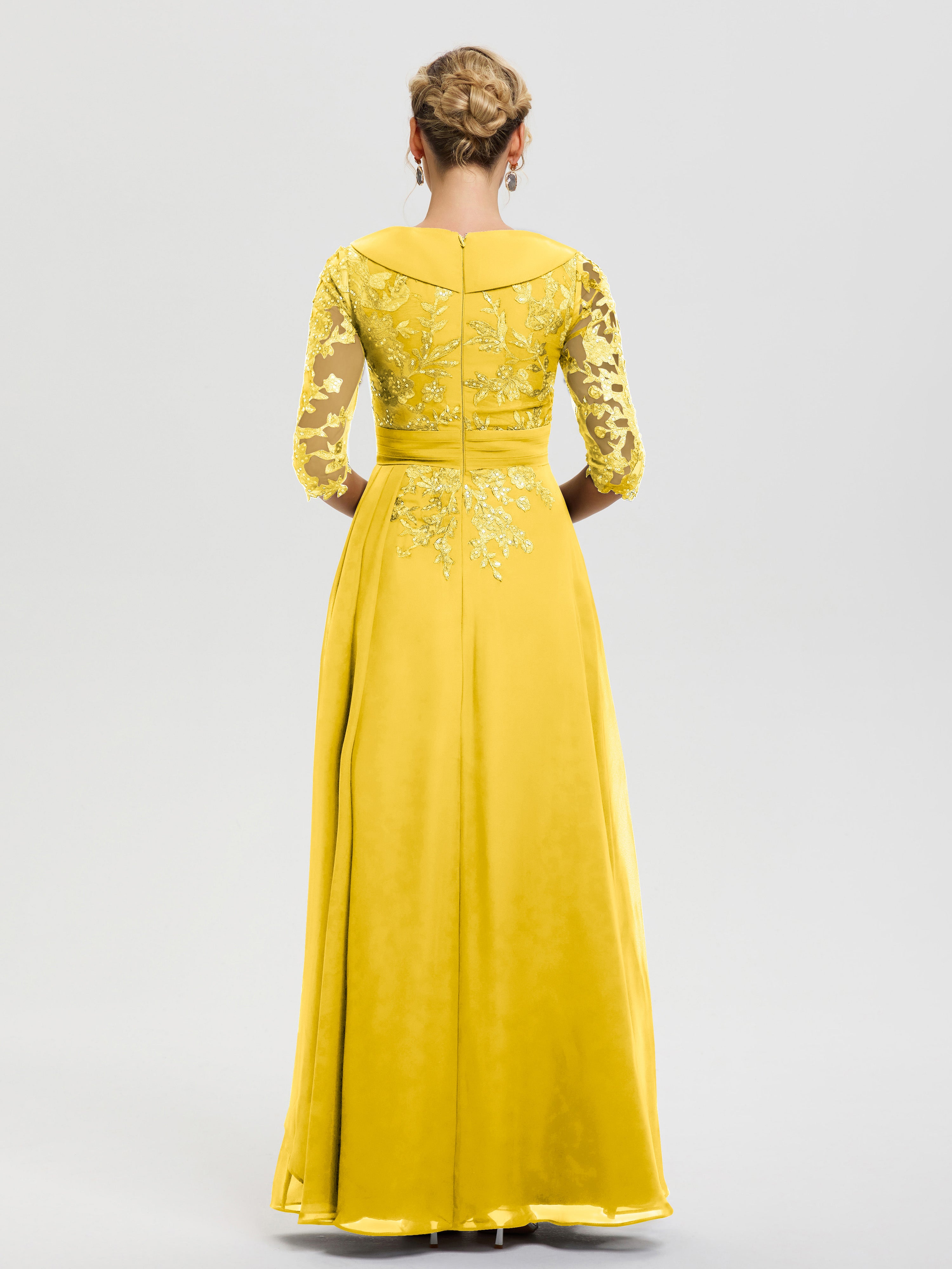 Marigold Dresses For Mother Of The Bride A Line V Neck 3/4 Illusion Sleeves Appliqued Chiffon Floor Length Mother Of The Bride Dresses