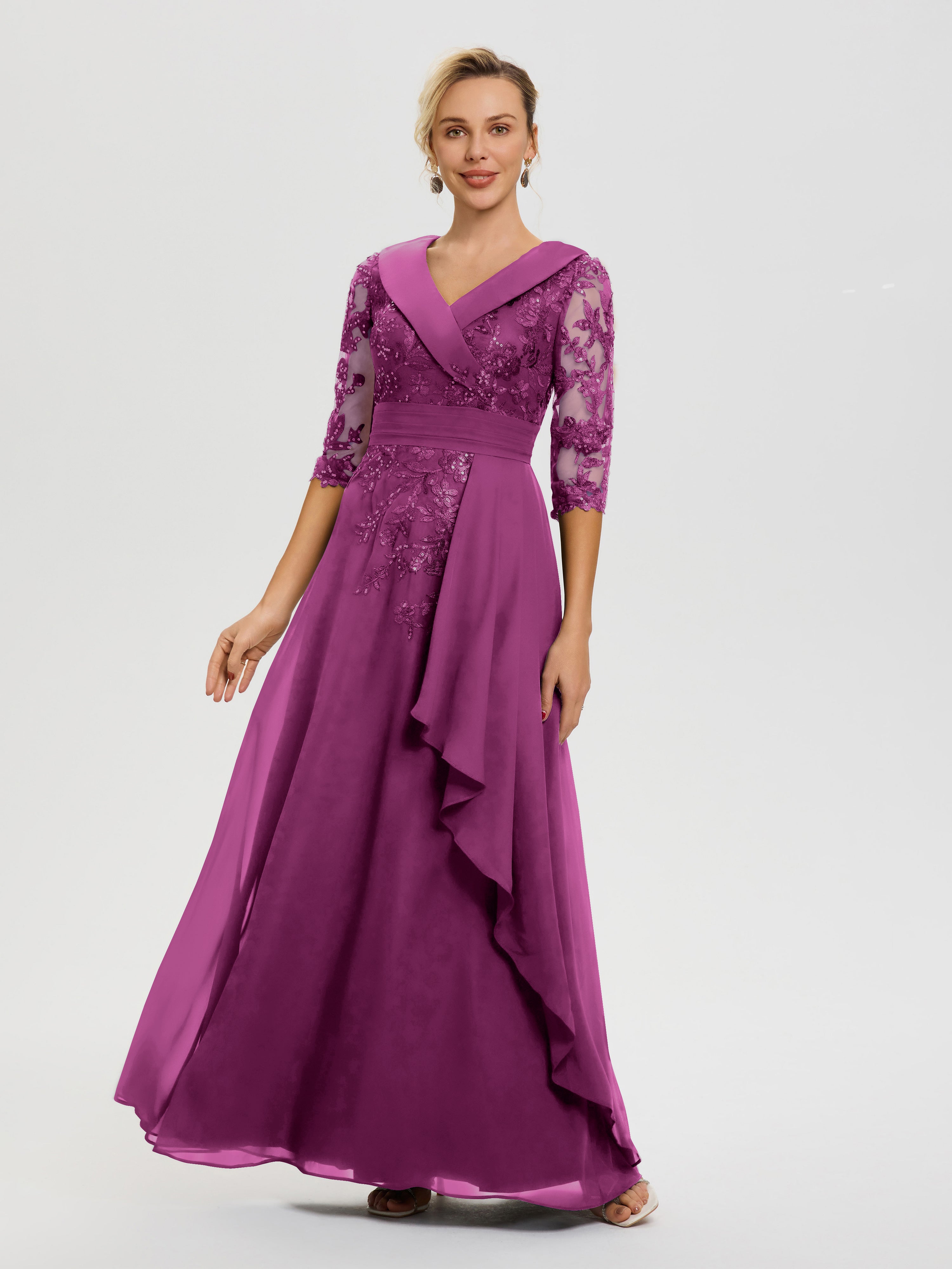Cicinia Orchid Mother Of The Groom Dress Long Chiffon Lace A-line High Low Hemline Half Sleeves