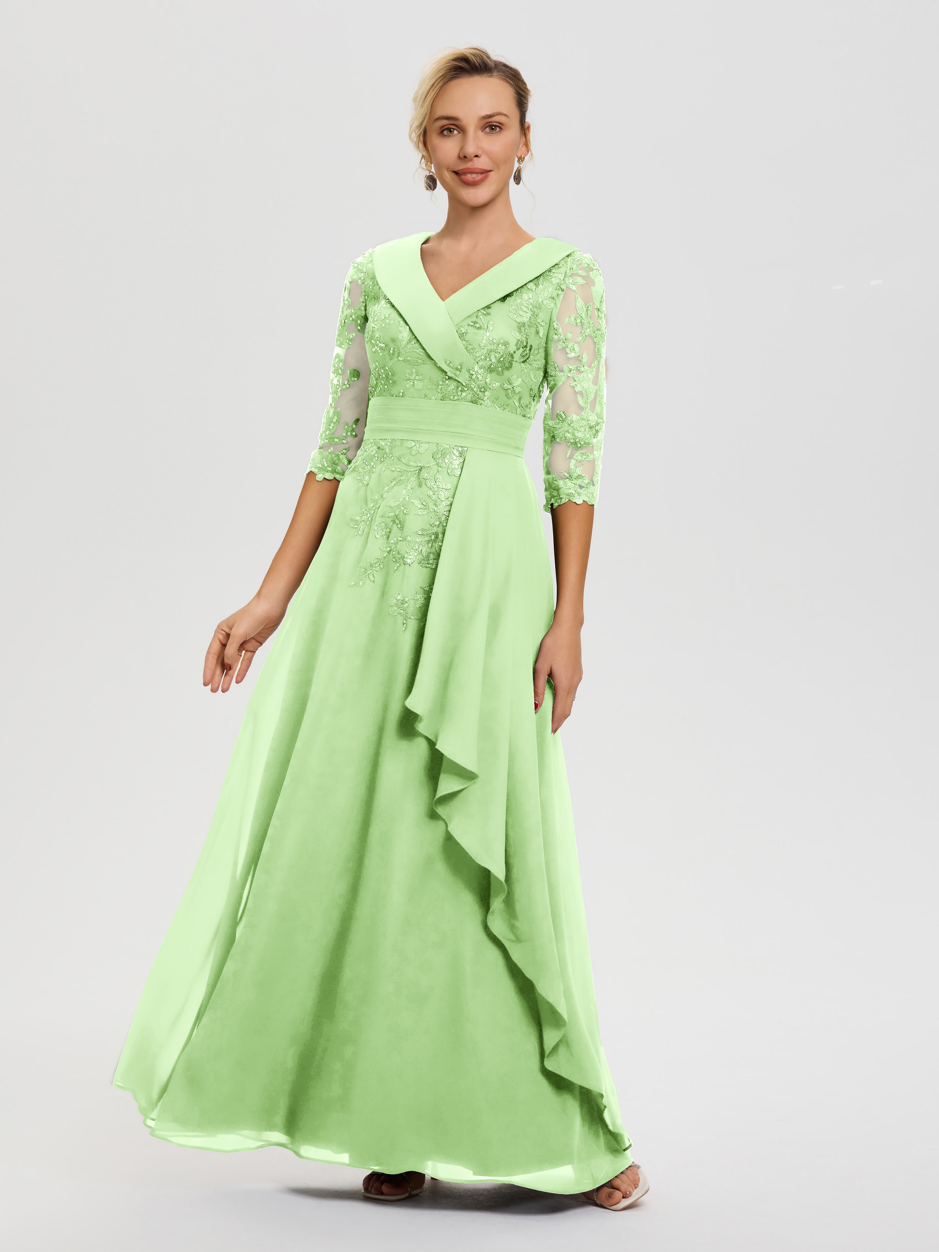 Mother Of The Bride Dresses Sage Green A Line V Neck 3/4 Illusion Slee