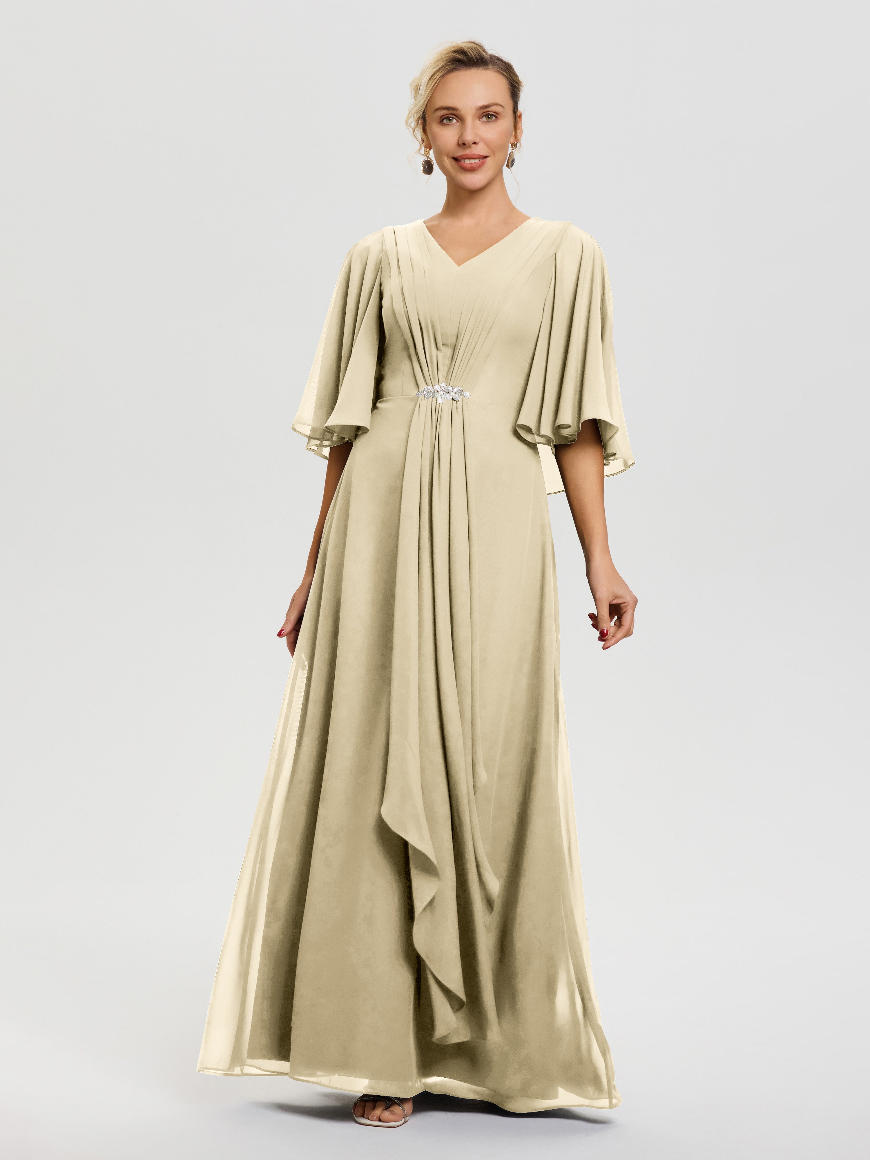 Elegant Mother Of The Bride Champagne Dress Flowy Ruffle Sleeves V-Nec