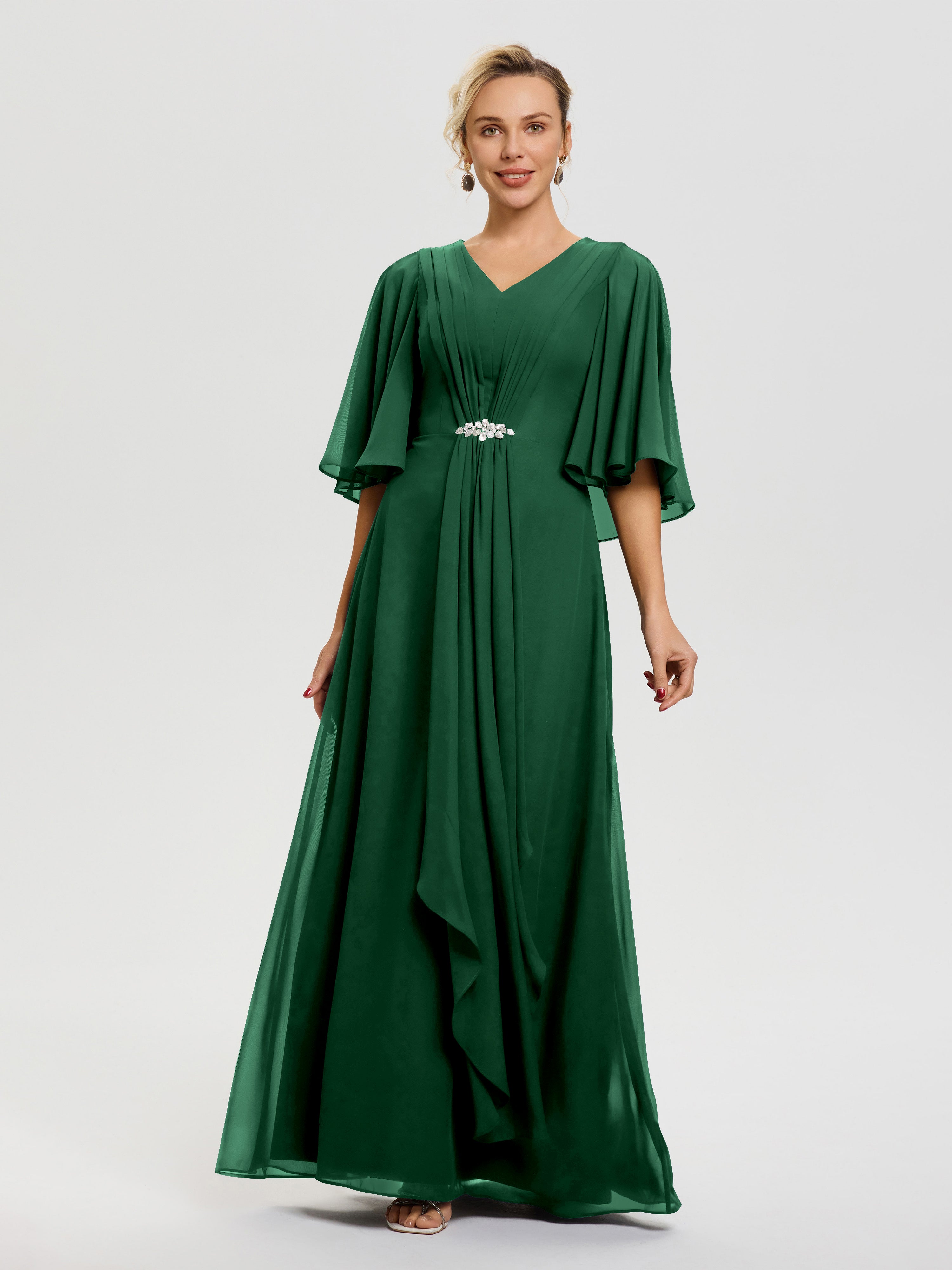Mother Of The Bride Dresses Dark Green Flowy Ruffle Sleeves V-Neck Ruc
