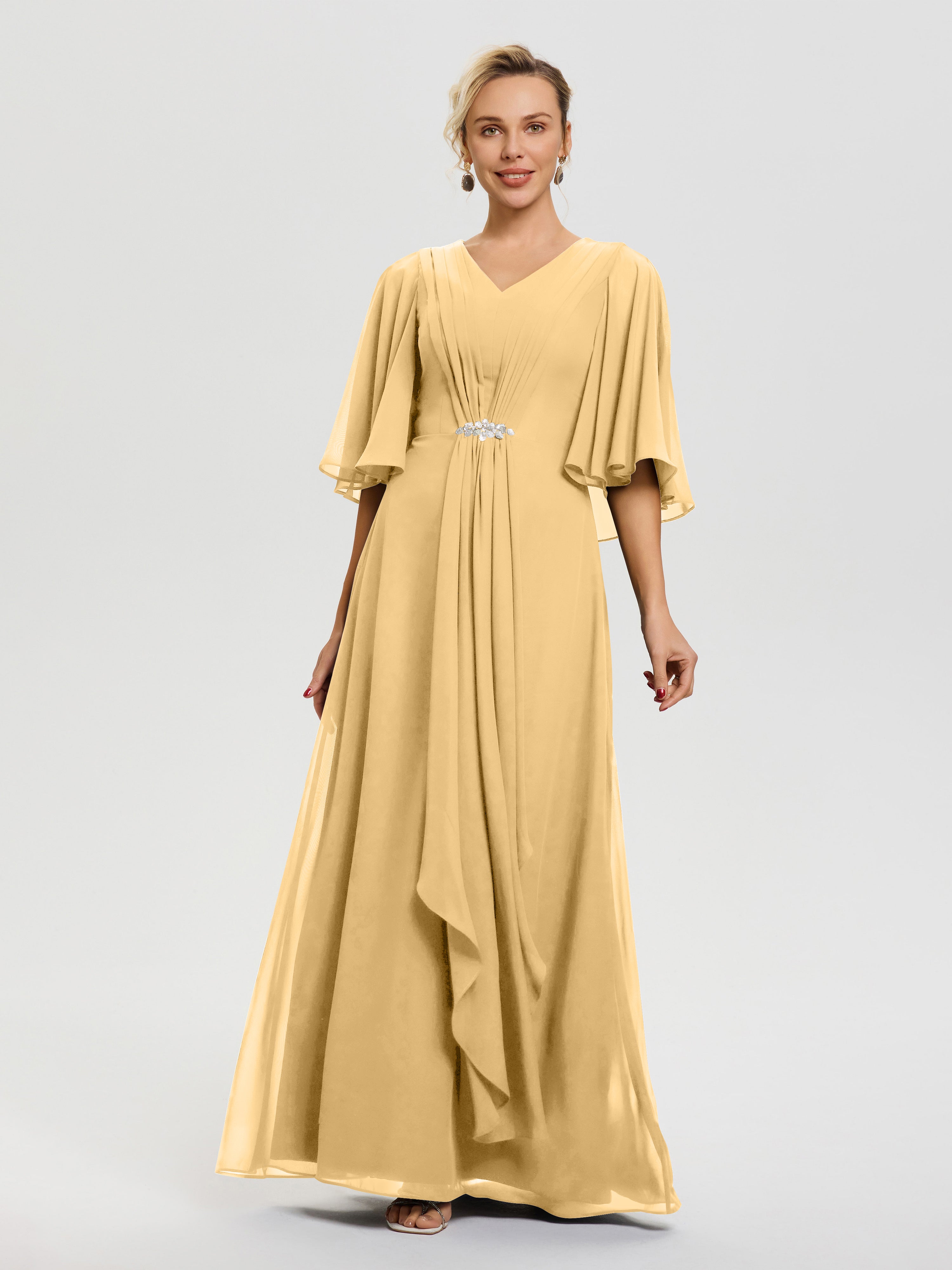 Elegant Gold Mother Of The Bride Dresses Flowy Ruffle Sleeves V-Neck R