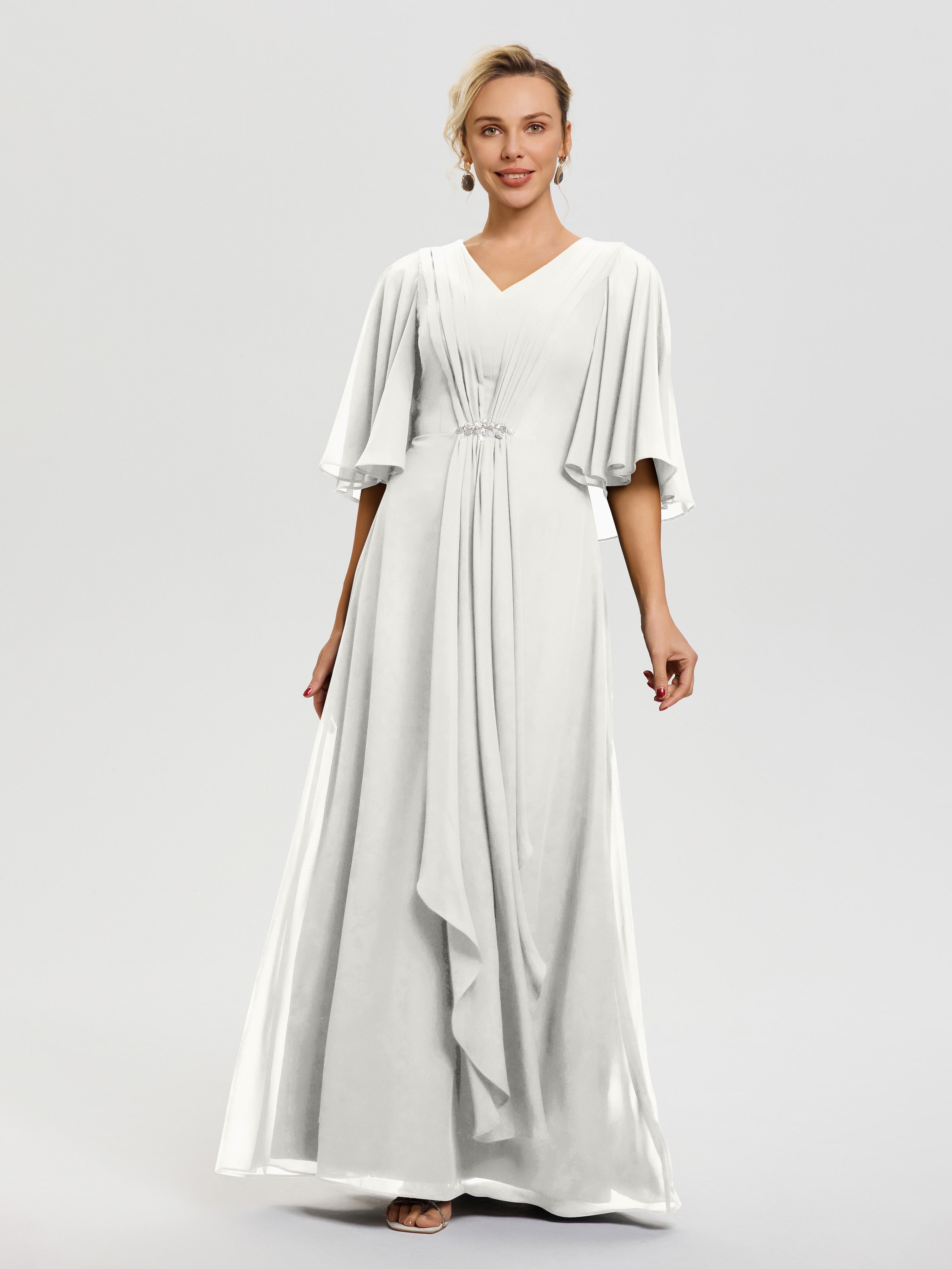 Ivory Mother Of Bride Gowns Flowy Ruffle Sleeves V-Neck Ruched Back Zi Ivory Mother Of Bride Gowns Flowy Ruffle Sleeves V-Neck Ruched Back Zi