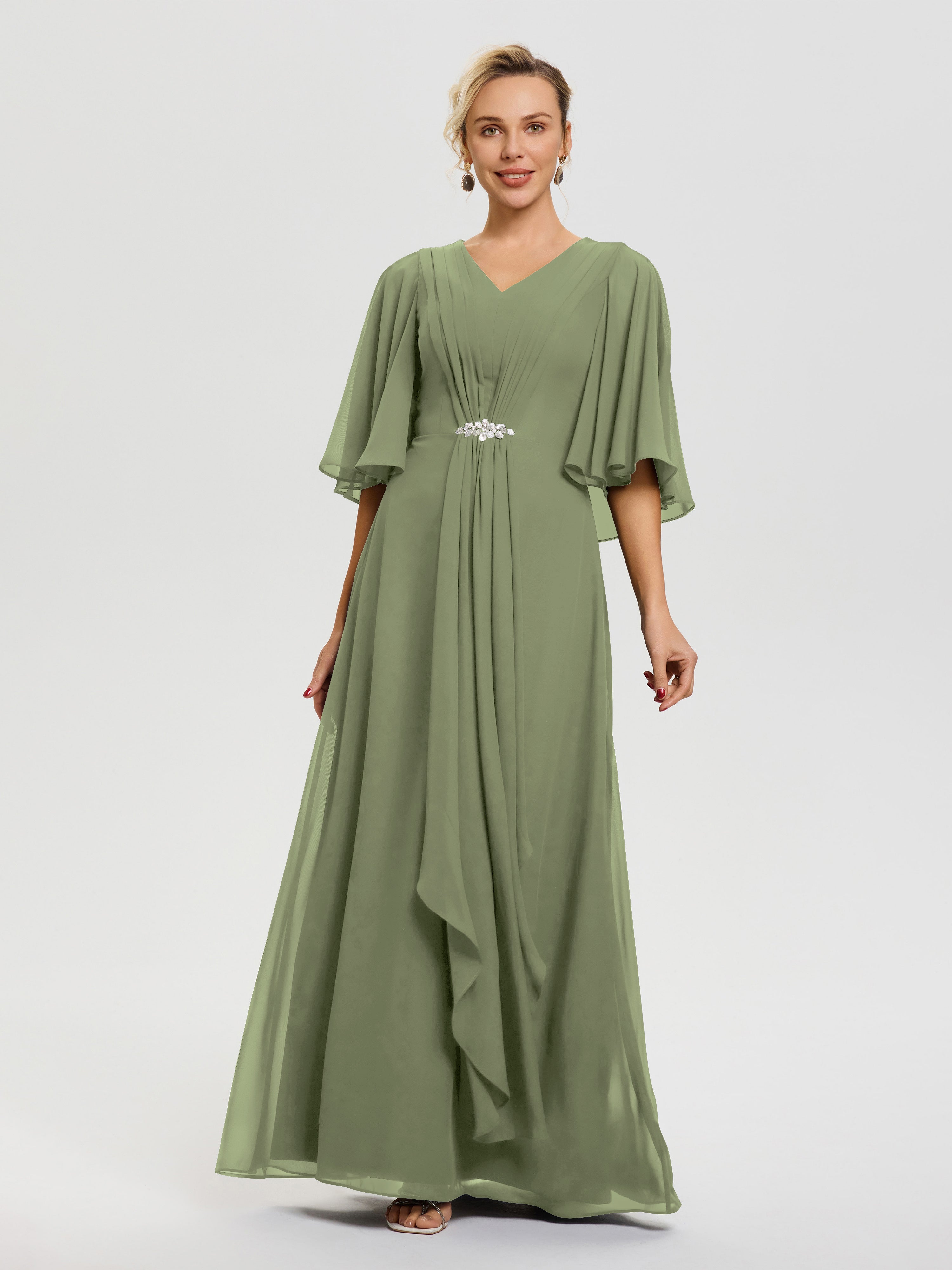 Mother Of The Bride Dress Olive Green Flowy Ruffle Sleeves V-Neck Ruch Mother Of The Bride Dress Olive Green Flowy Ruffle Sleeves V-Neck Ruch
