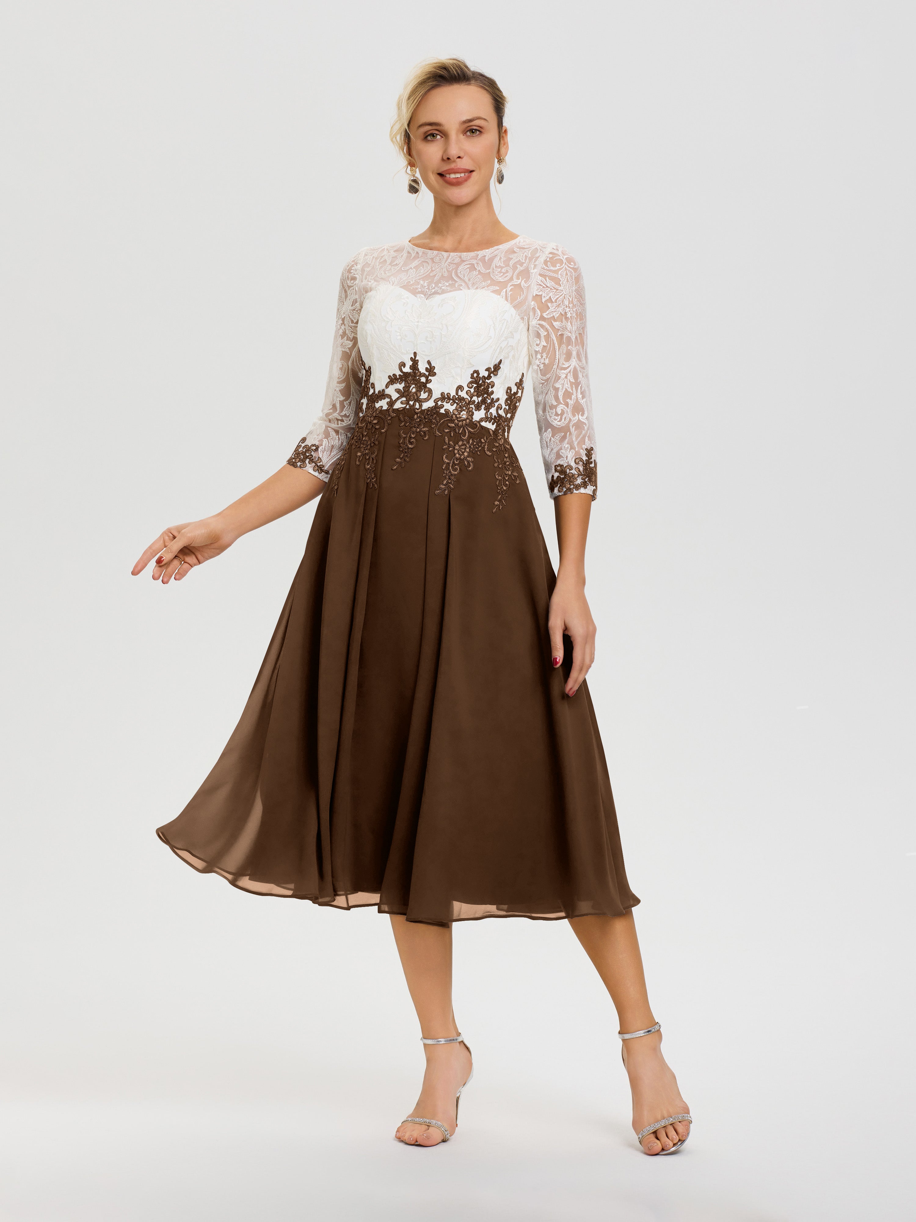 Brown Mother Of The Bride Dress A-Line Lace Appliques 3/4 Sleeves Tea-