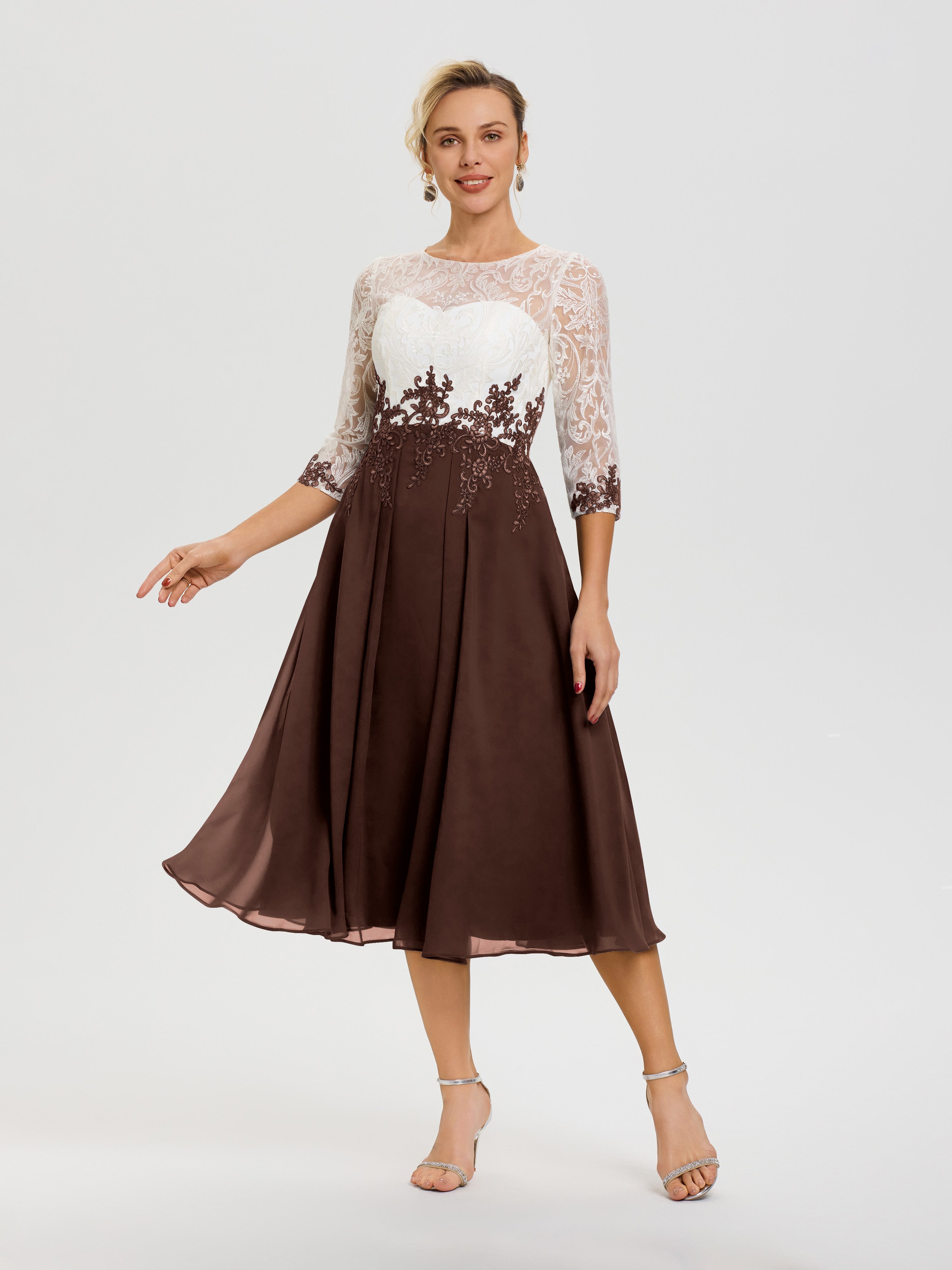 Chocolate Mother Of The Bride Dress A-Line Lace Appliques 3/4 Sleeves