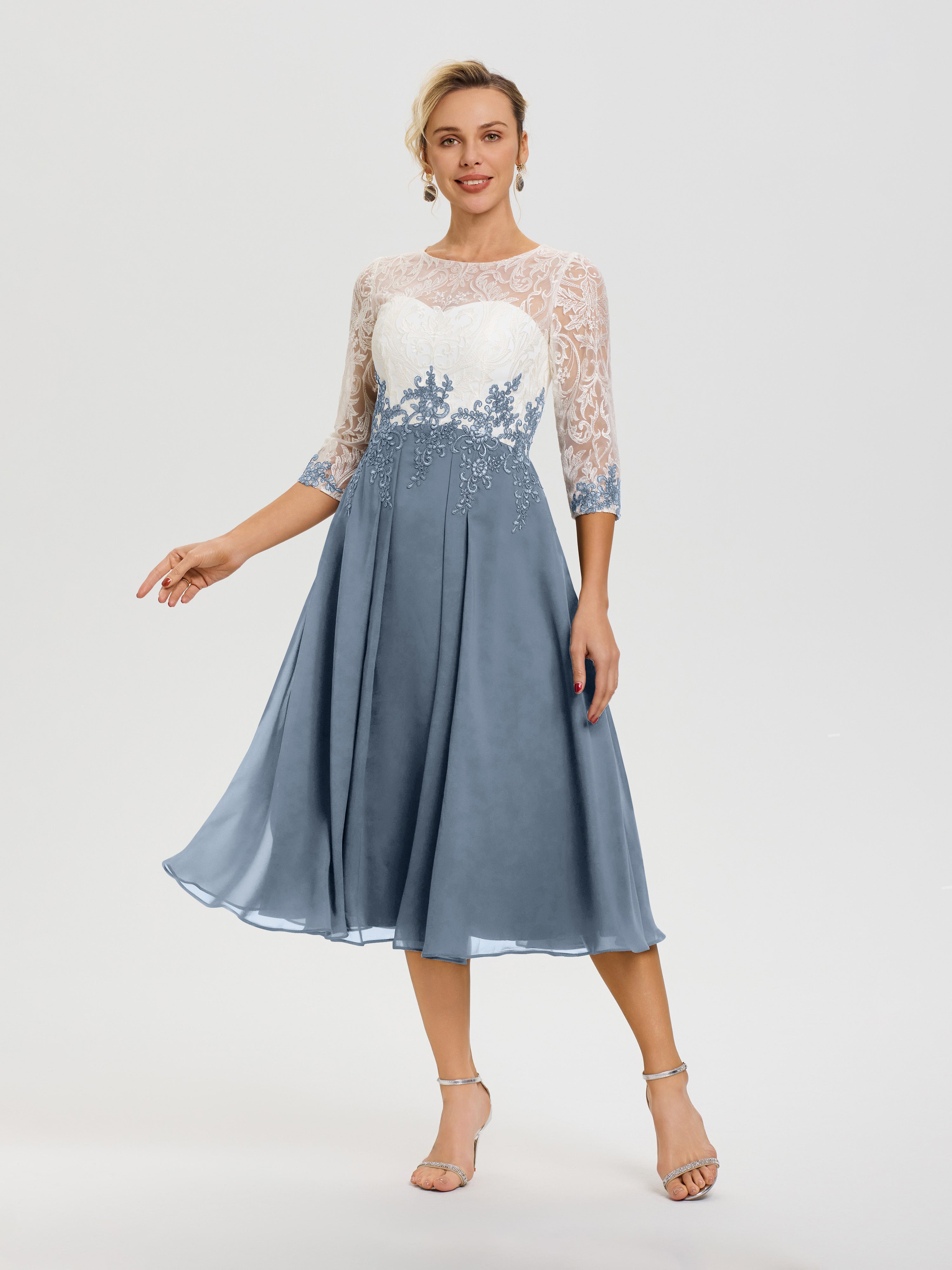 Dusty Blue Mother Of The Groom Dresses A-Line Lace Appliques 3/4 Sleev