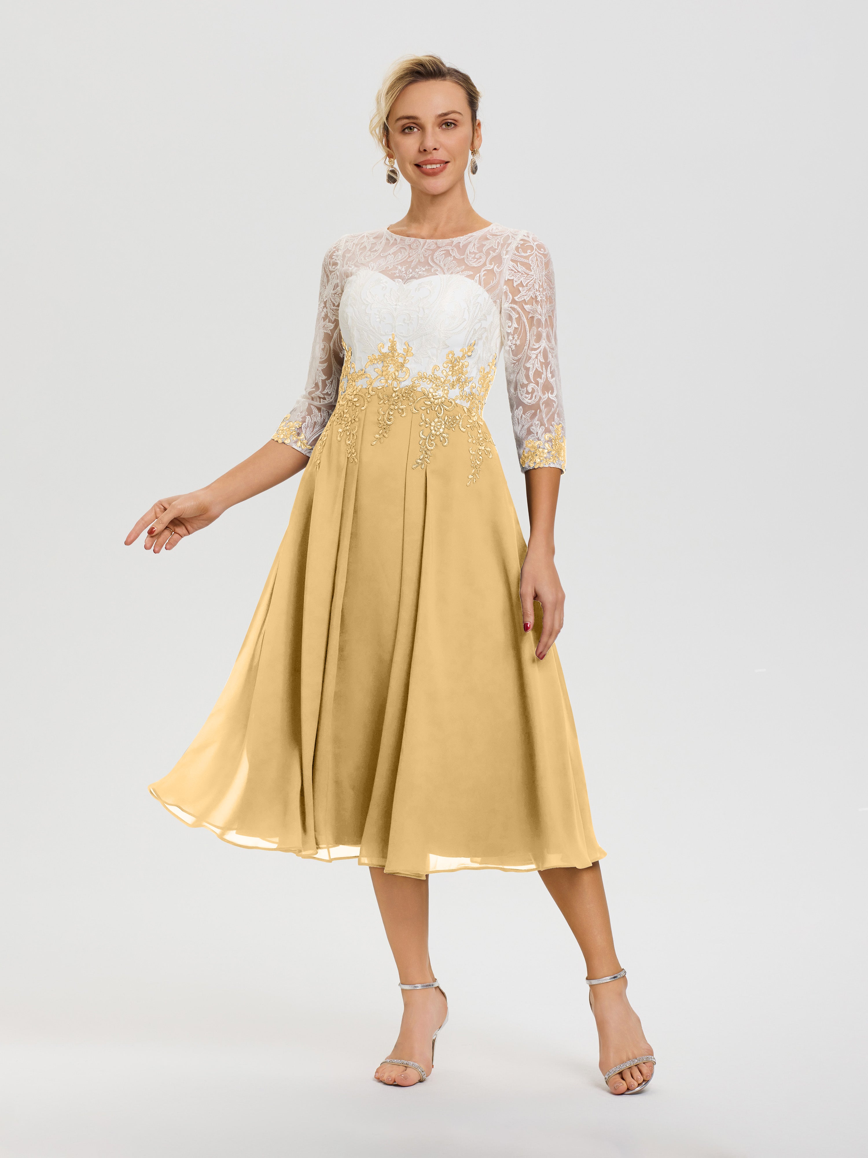 Elegant Gold Mother Of The Bride Dresses A-Line Lace Appliques 3/4 Sle