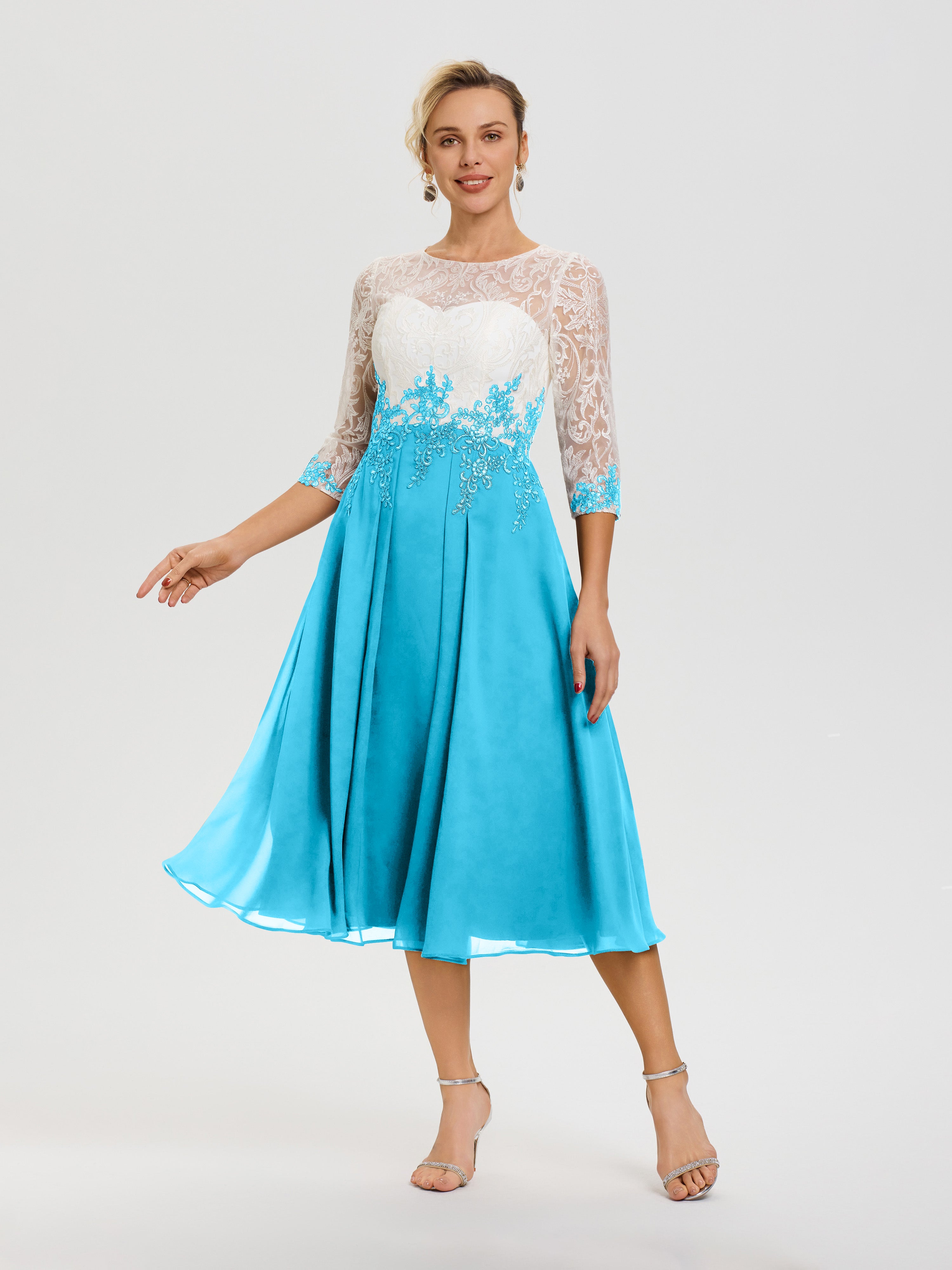 Pool Colored Mother Of The Groom Dresses A-Line Lace Appliques 3/4 Sle