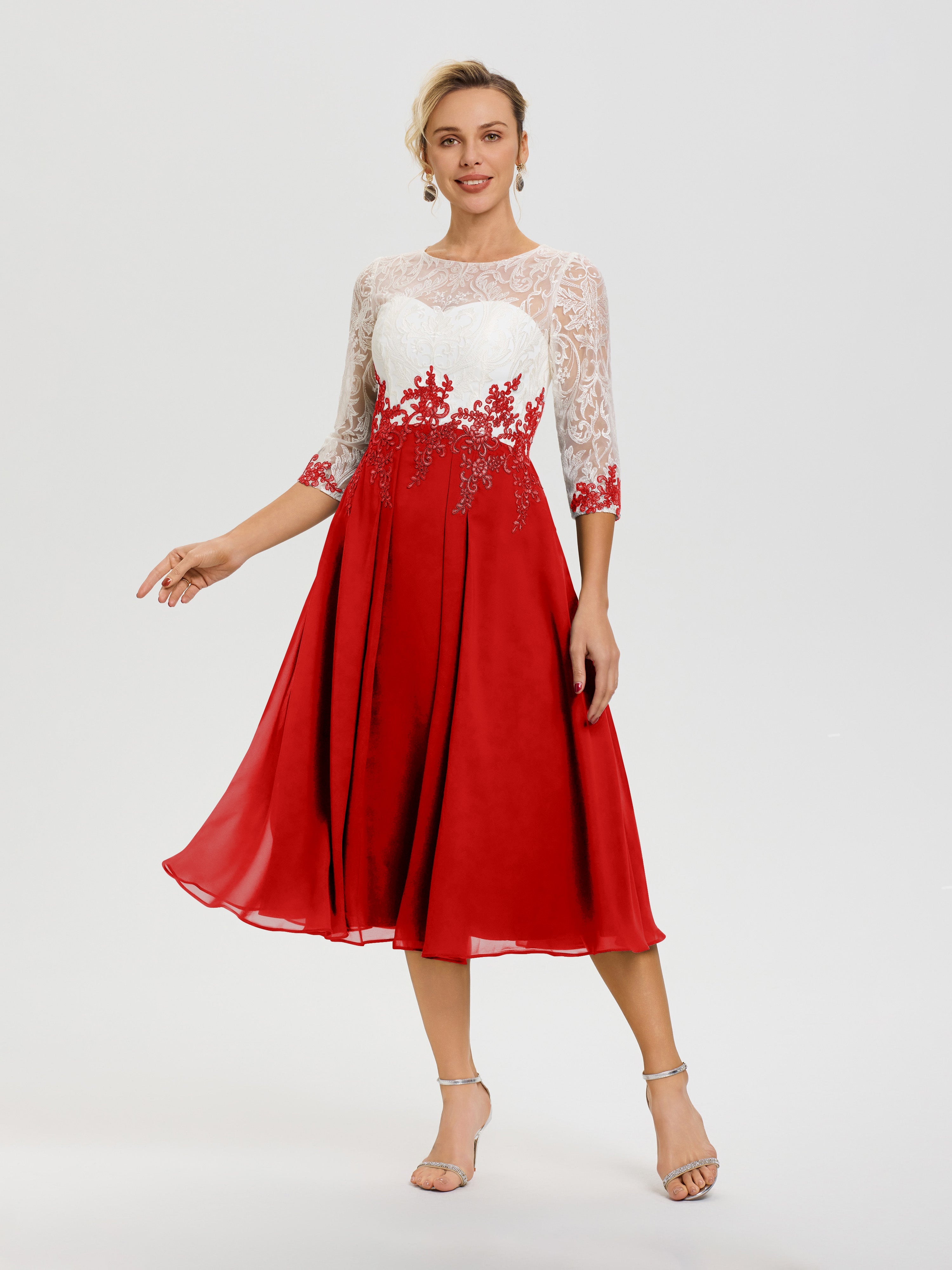 Red Mother Of The Bride Dresses Tea Length A-Line Lace Appliques 3/4 S Red Mother Of The Bride Dresses Tea Length A-Line Lace Appliques 3/4 S