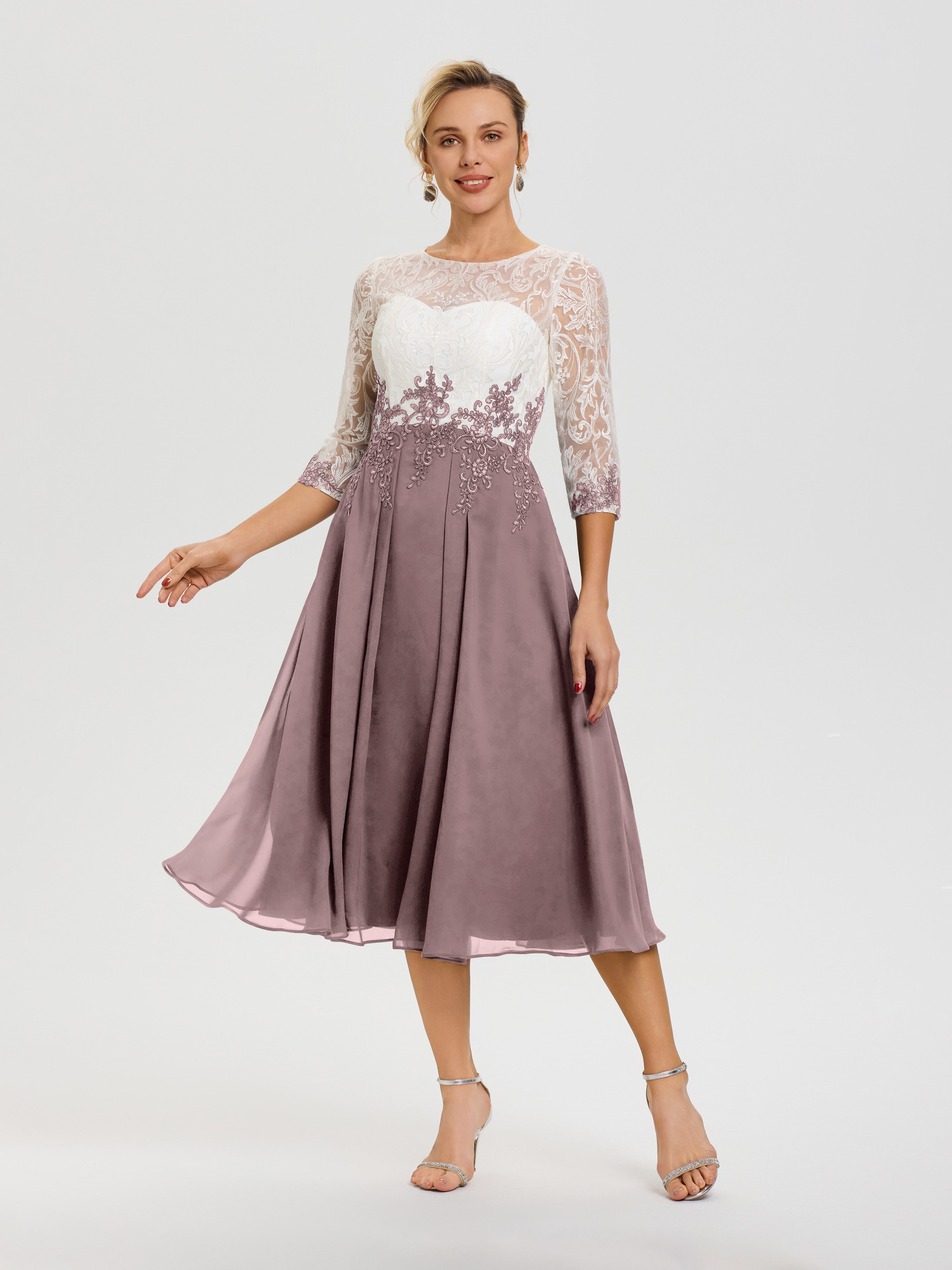 Vintage Mother Of Bride Dresses A-Line Lace Appliques 3/4 Sleeves Tea-