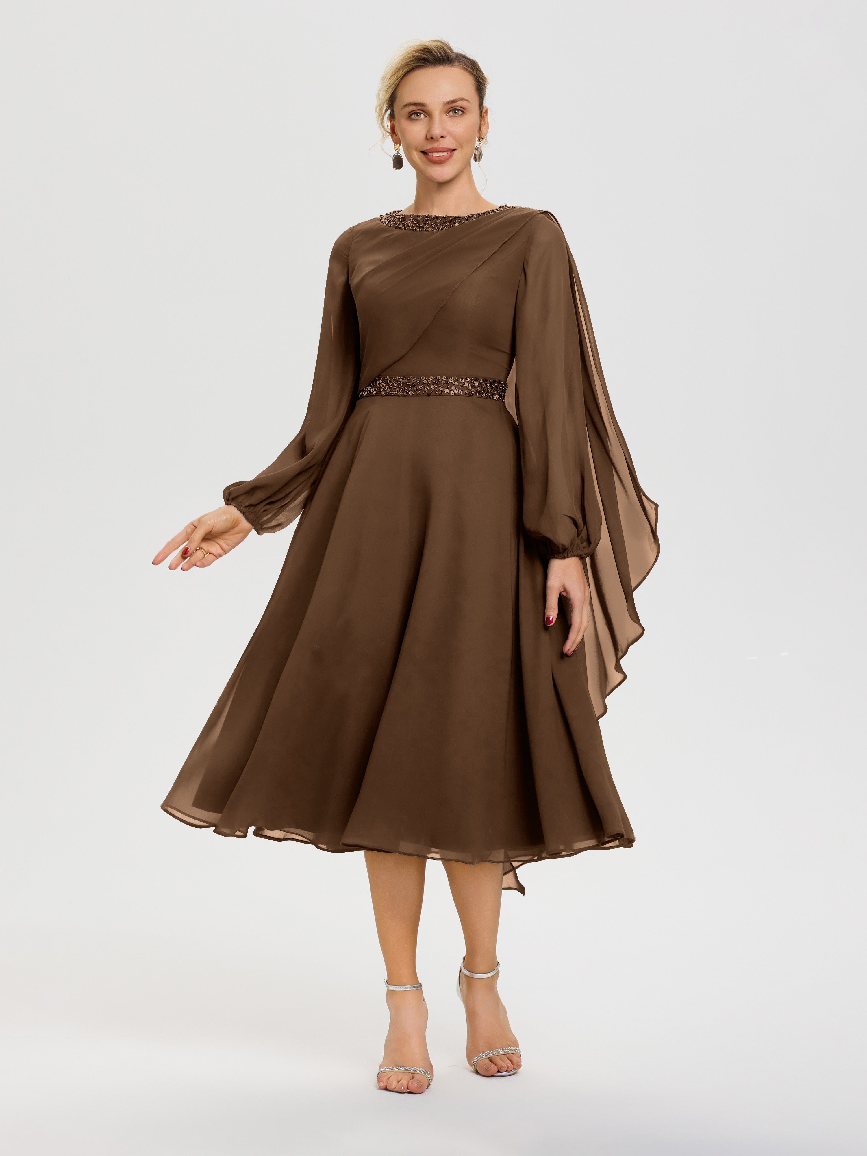 Brown Dresses For Mother Of The Bride Elegant A-Line Beading Long Sleeves Tea-Length Chiffon Mother Of The Bride Dress Brown Dresses For Mother Of The Bride Elegant A-Line Beading Long Sleeves Tea-Length Chiffon Mother Of The Bride Dress