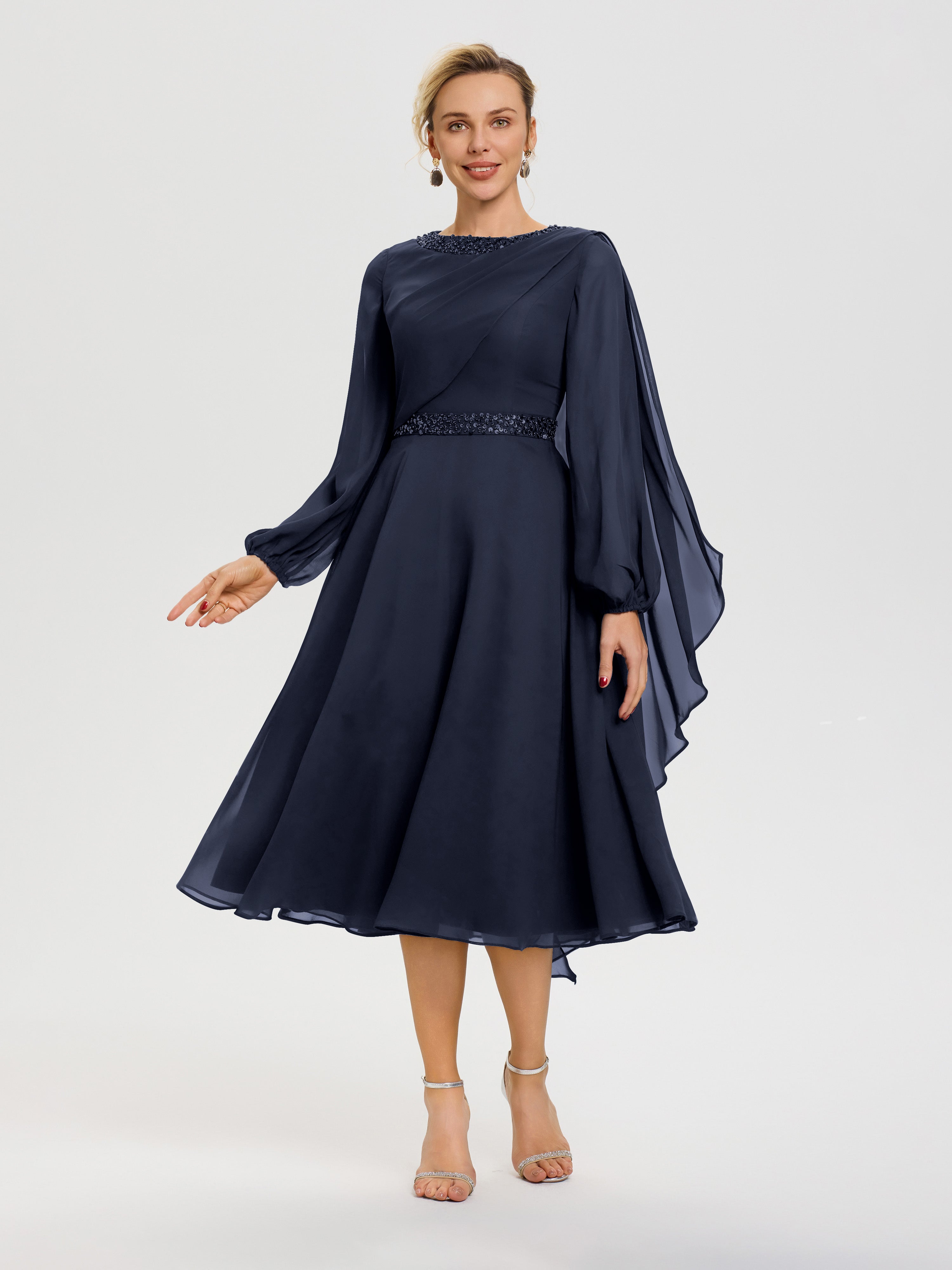 Navy Blue Mother Of The Groom Dress Elegant A-Line Beading Long Sleeve