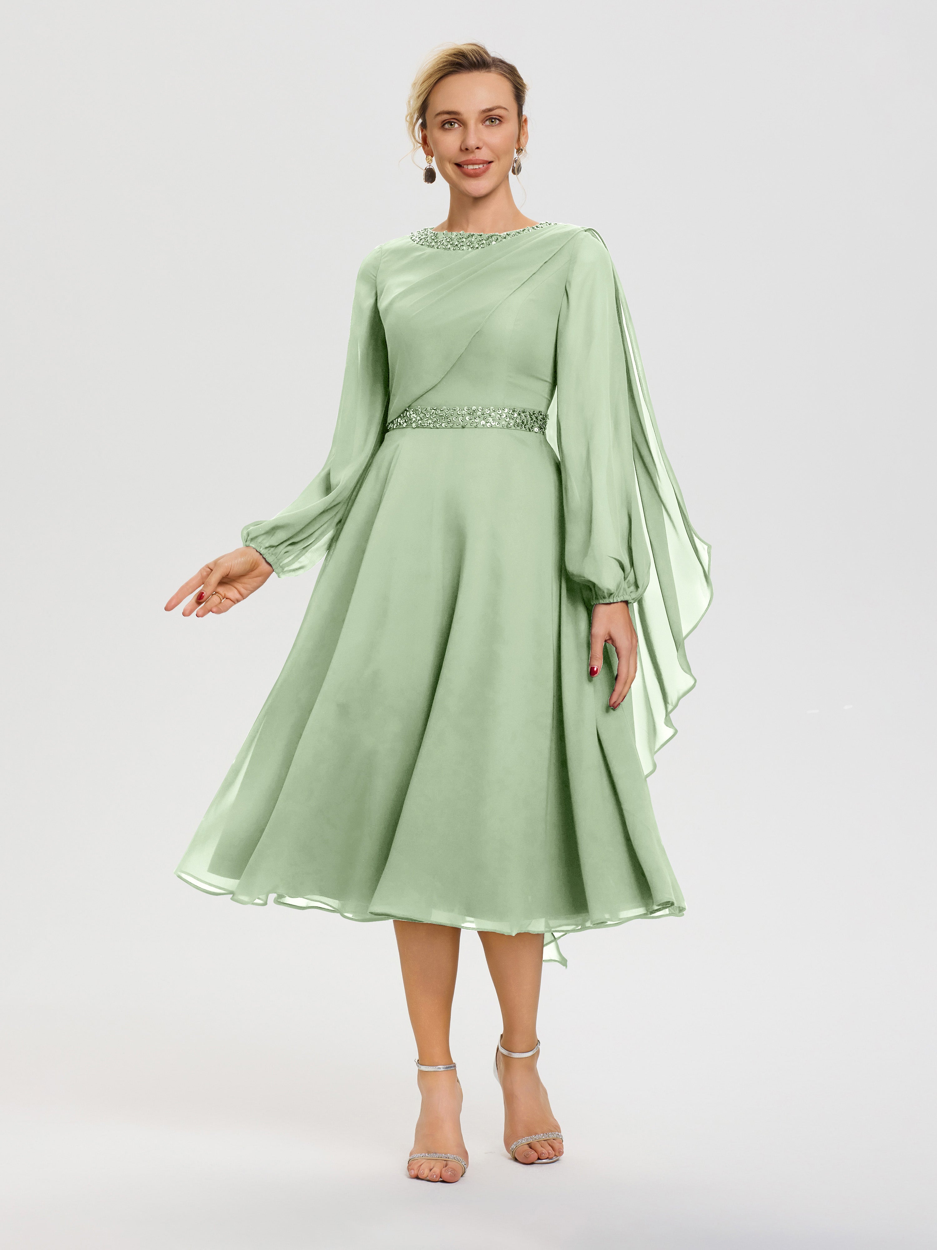 Sage Green Dress For Wedding Mother Of The Bride Elegant A-Line Beadin Sage Green Dress For Wedding Mother Of The Bride Elegant A-Line Beadin