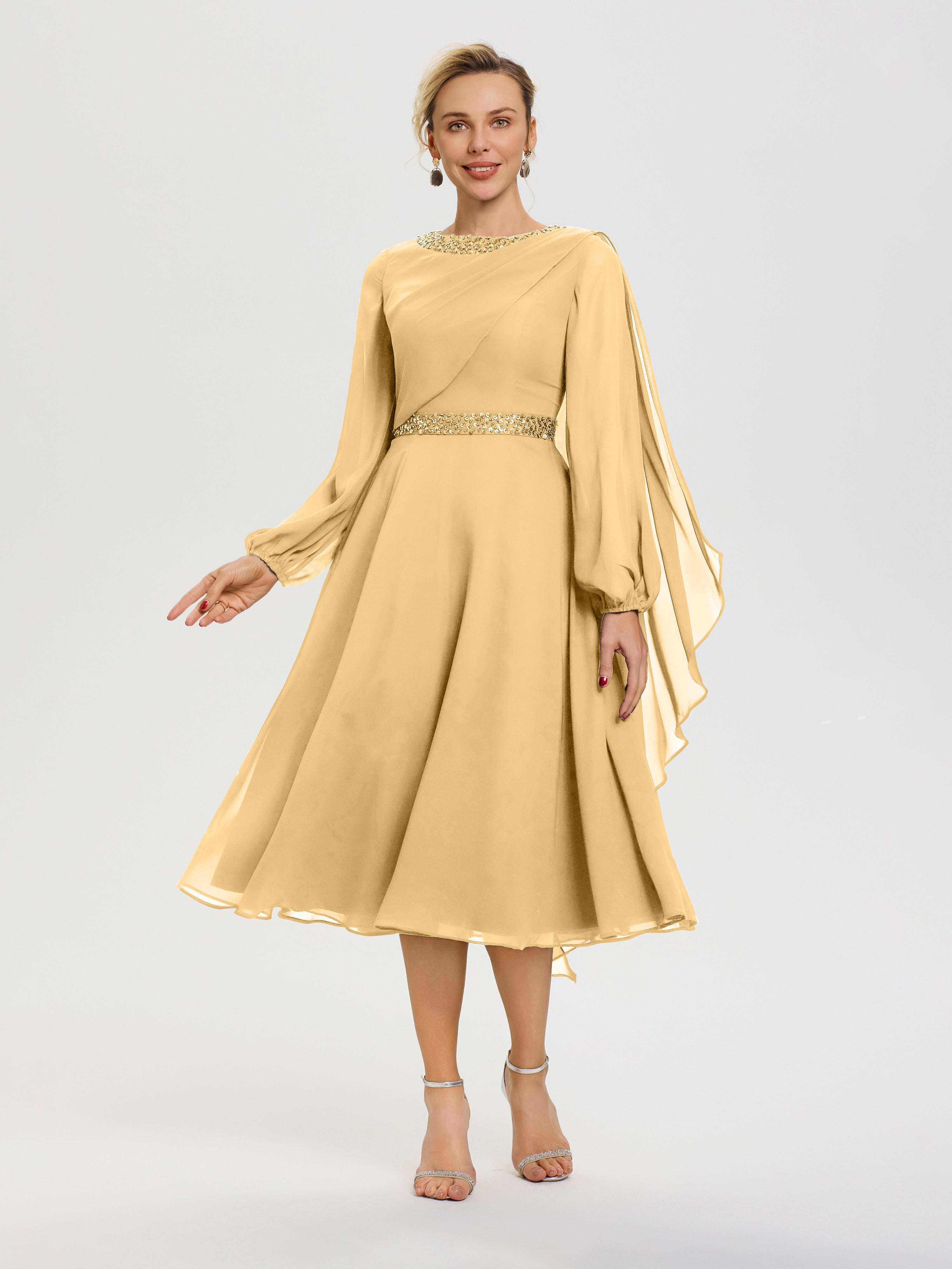 Mother Of Bride Gold Dress Elegant A-Line Beading Long Sleeves Tea-Len