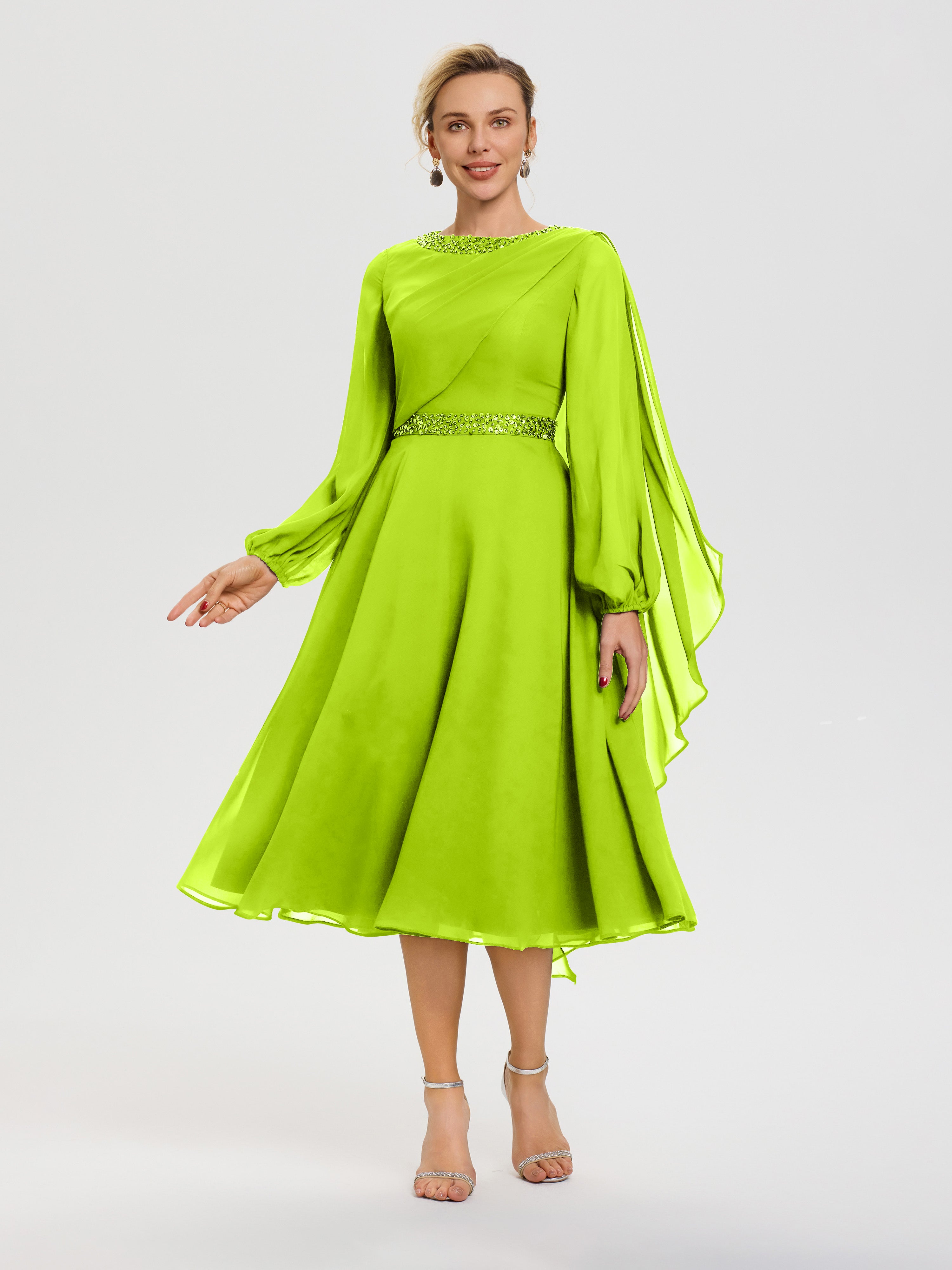 Lime Green Mother Of The Bride Elegant A-Line Beading Long Sleeves Tea Lime Green Mother Of The Bride Elegant A-Line Beading Long Sleeves Tea