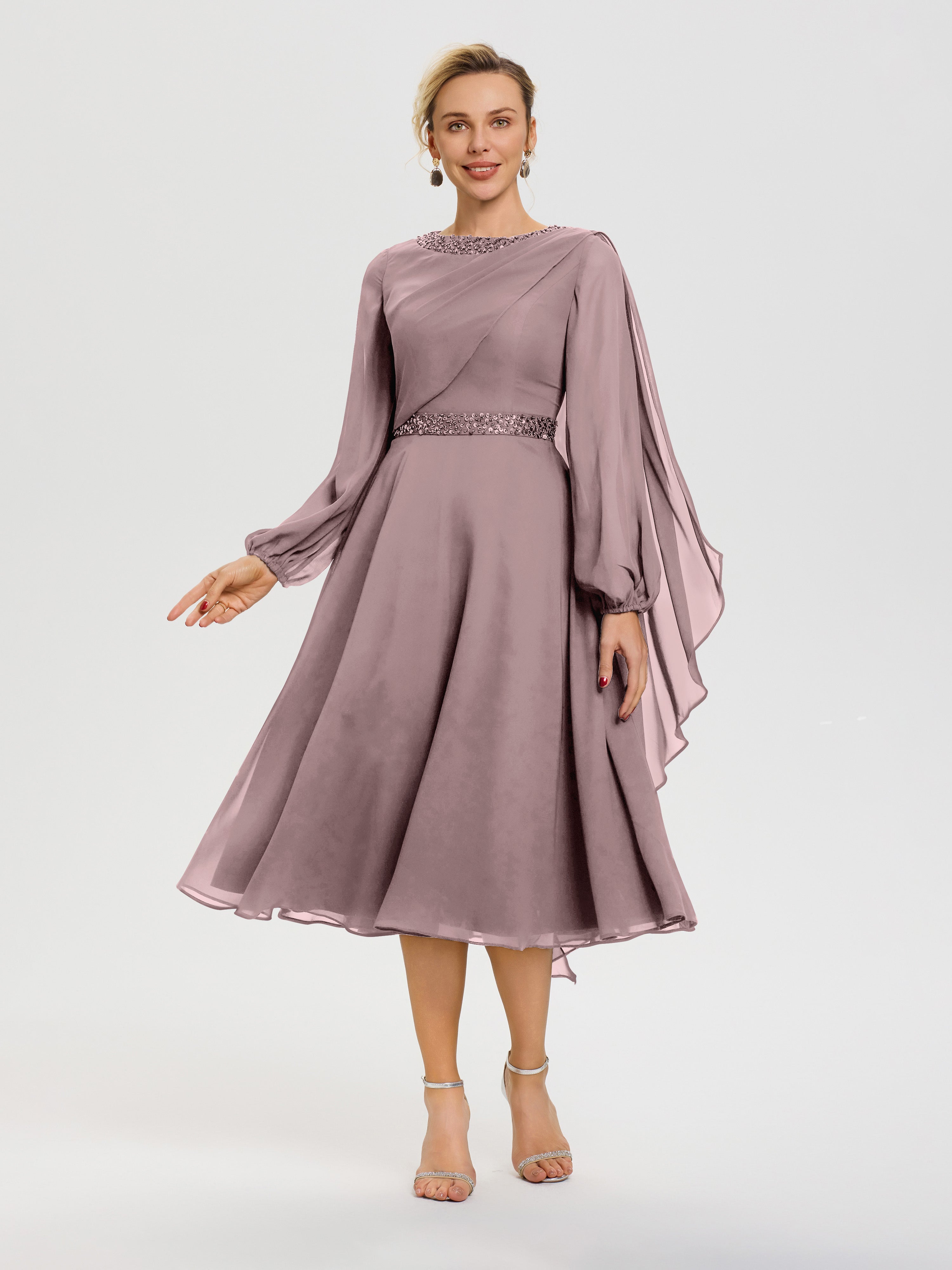 Vintage Tea Length Mother Of The Bride Dresses Elegant A-Line Beading