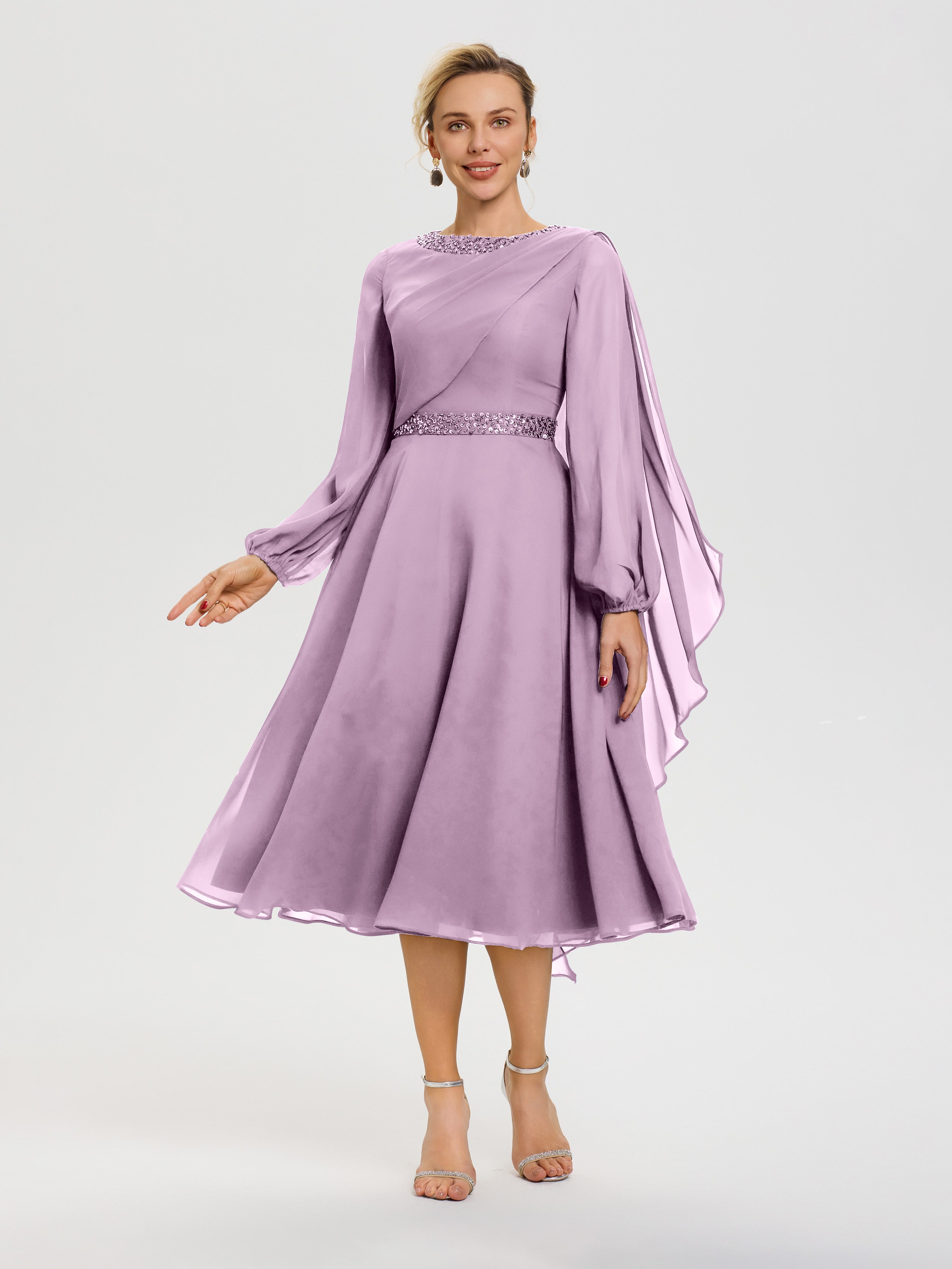 V Mother Of The Bride Dress Elegant A-Line Beading Long Sleeves Tea-Le