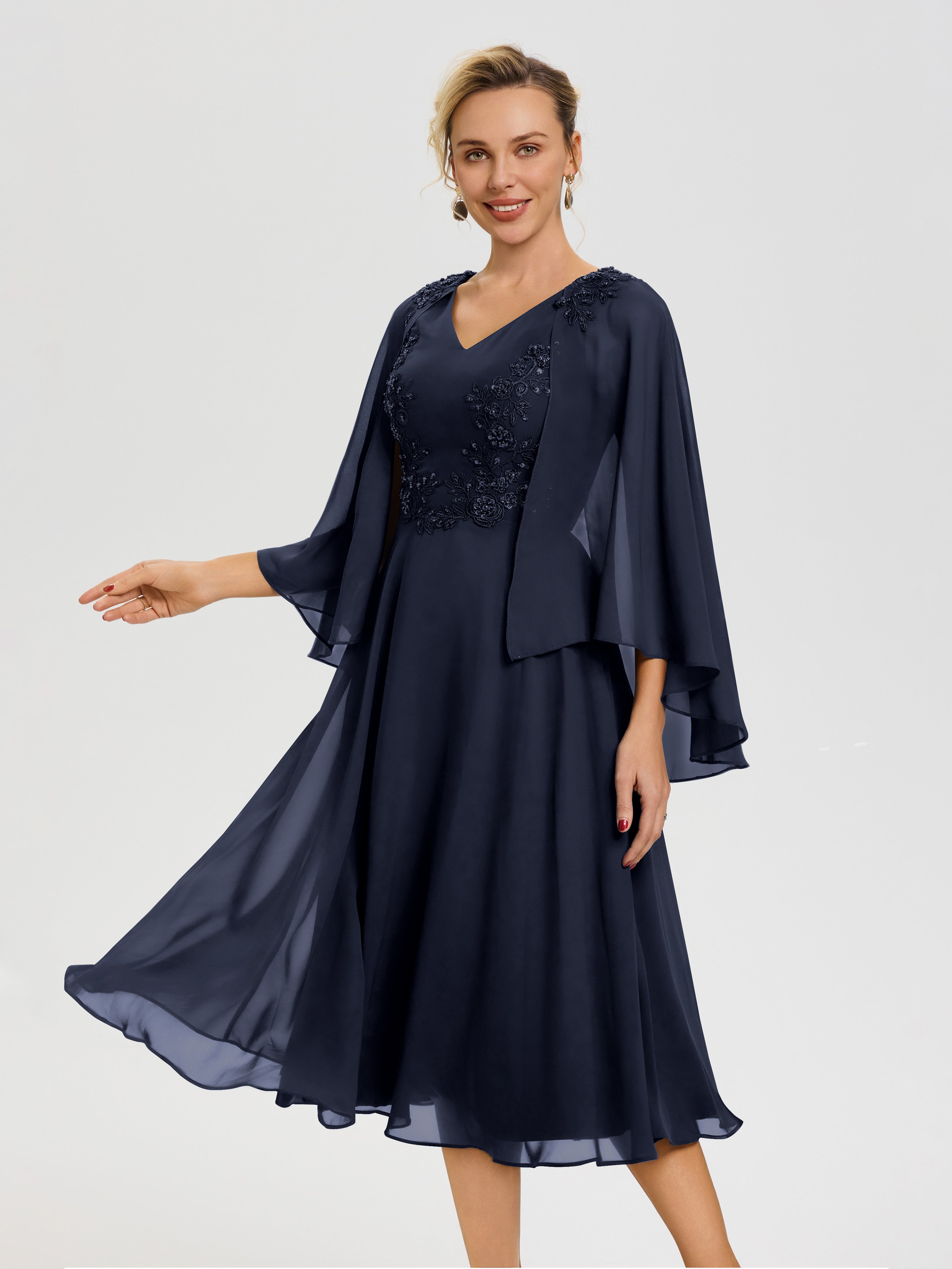 Tea Length Navy Blue Mother Of The Bride Dress A-Line Appliques 3/4 Sl