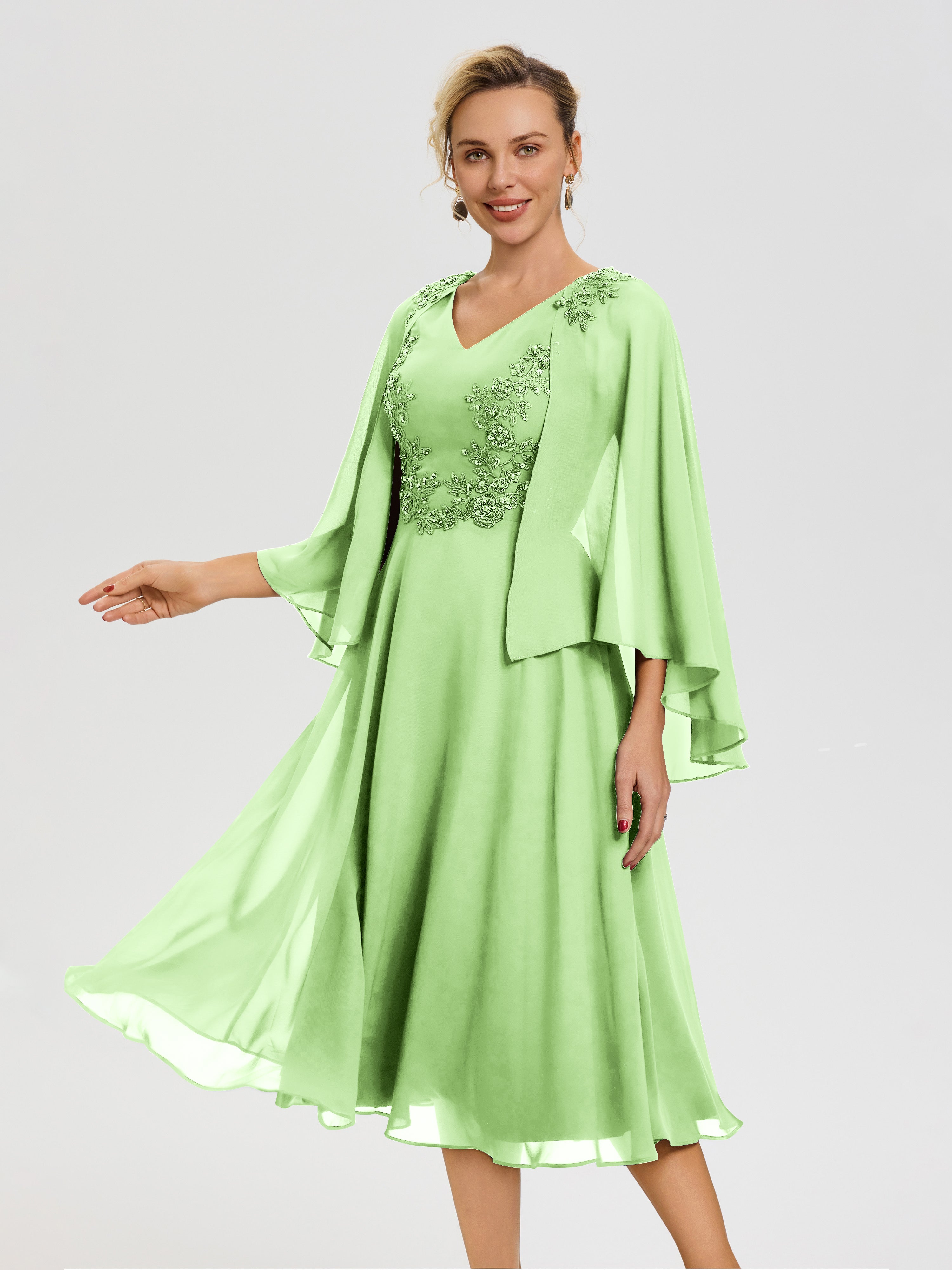 Mother Of The Bride Dresses Sage Green A-Line Appliques 3/4 Sleeves V-