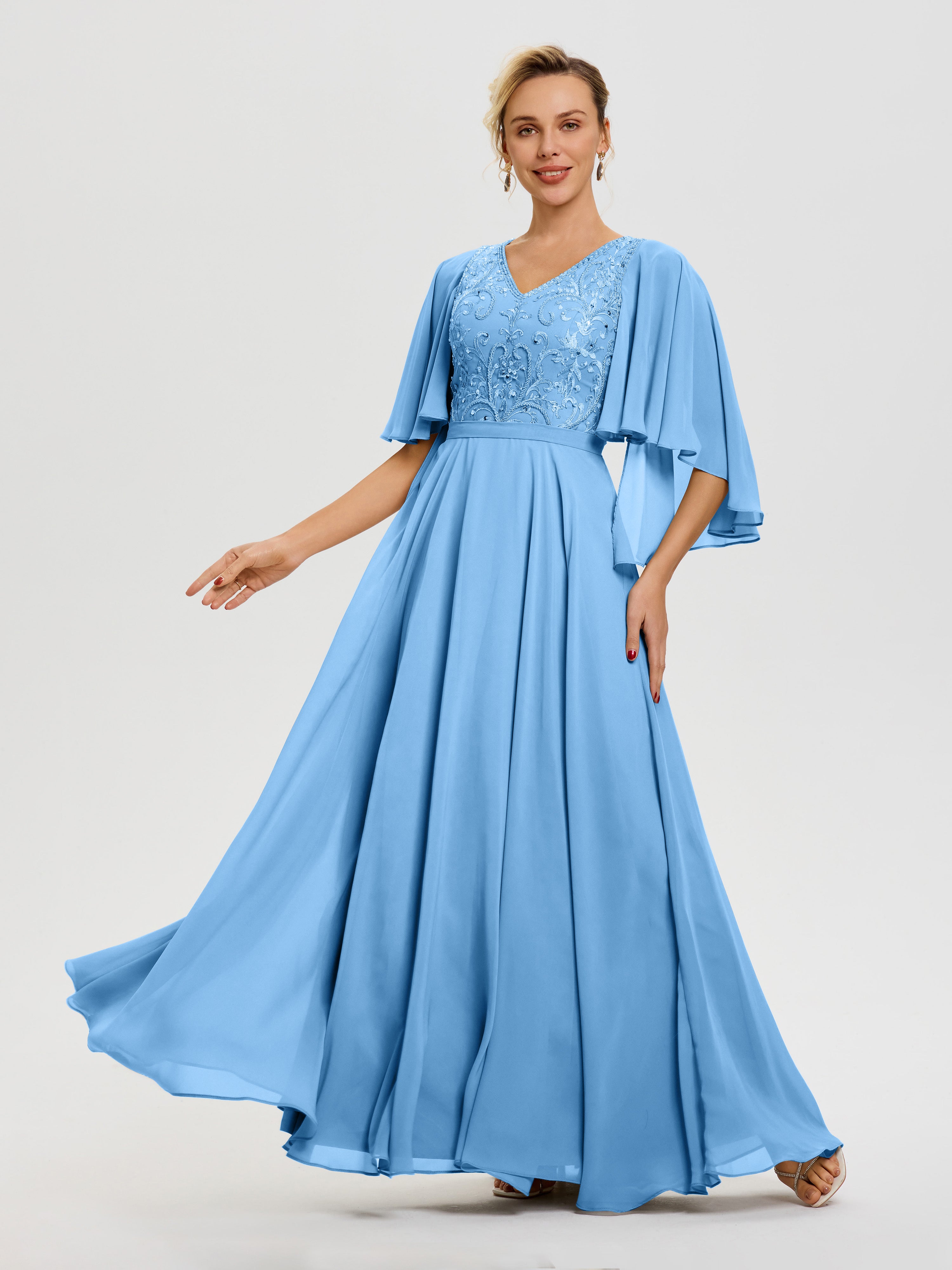 Mother Of The Bride Light Blue Dress V-Neck A-Line Half Sleeves Ruched