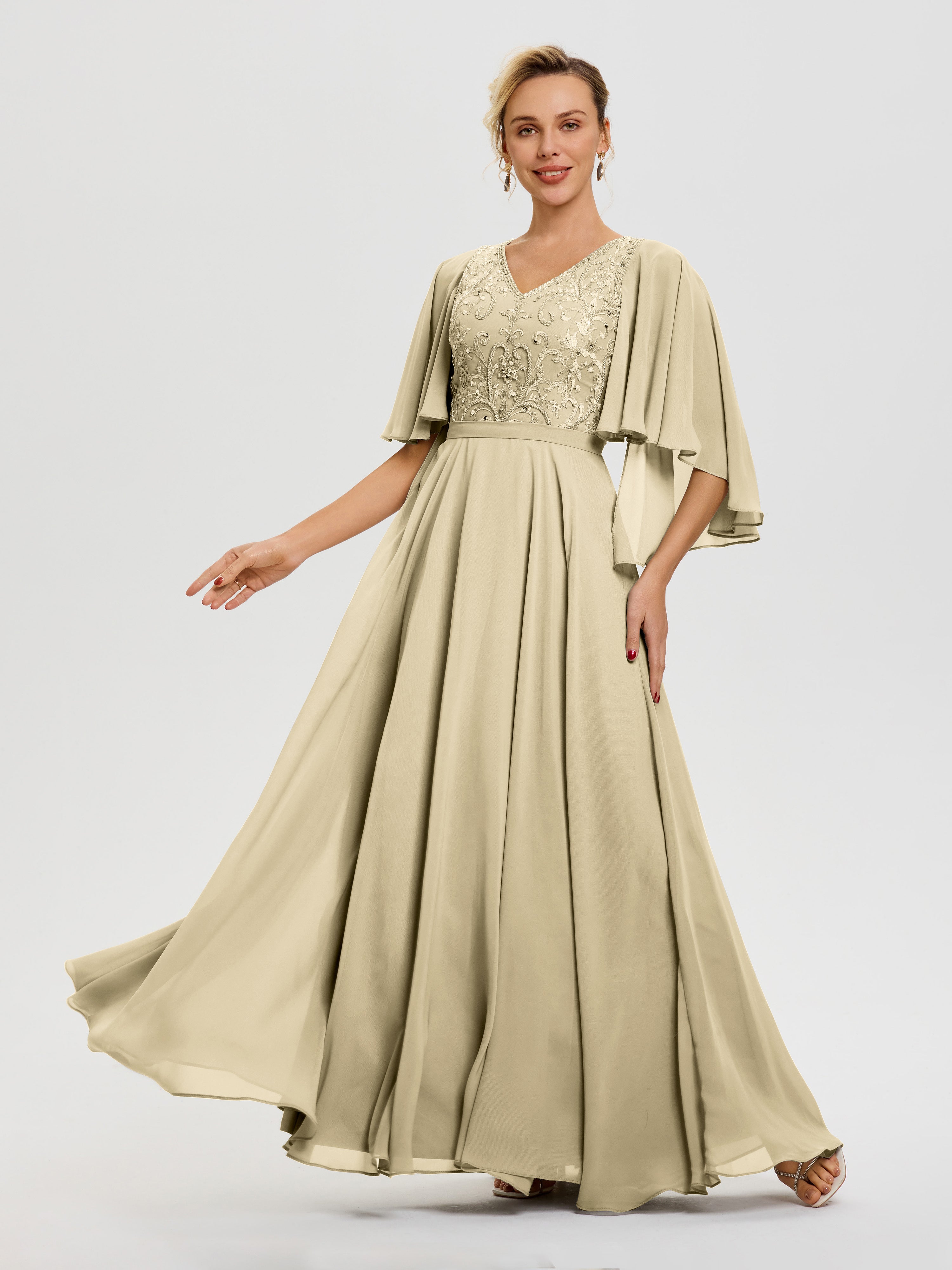 Champagne Colored Mother Of The Bride Dresses V-Neck A-Line Half Sleev
