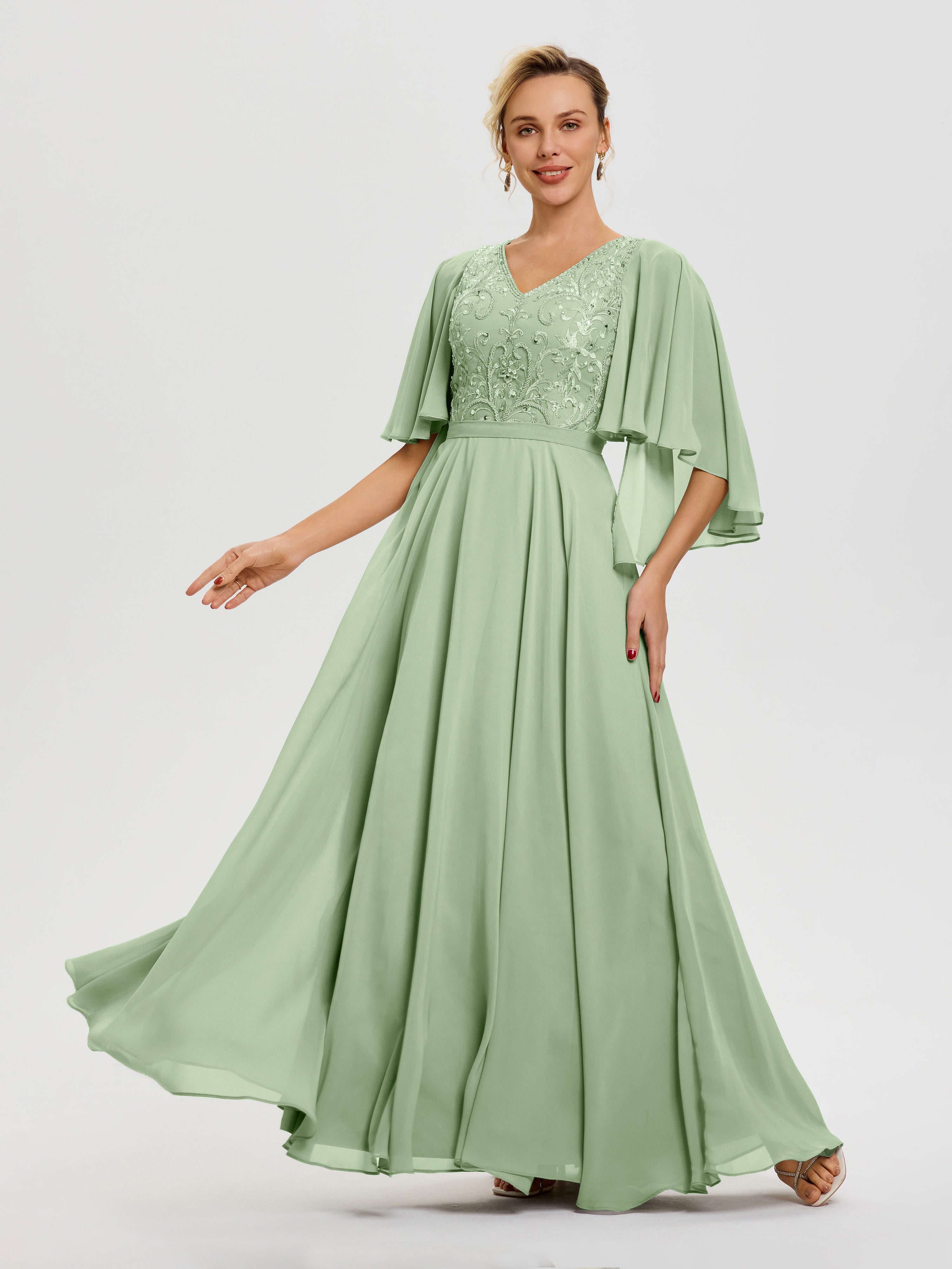 Mother Of The Bride Sage Green Dress V-Neck A-Line Half Sleeves Ruched