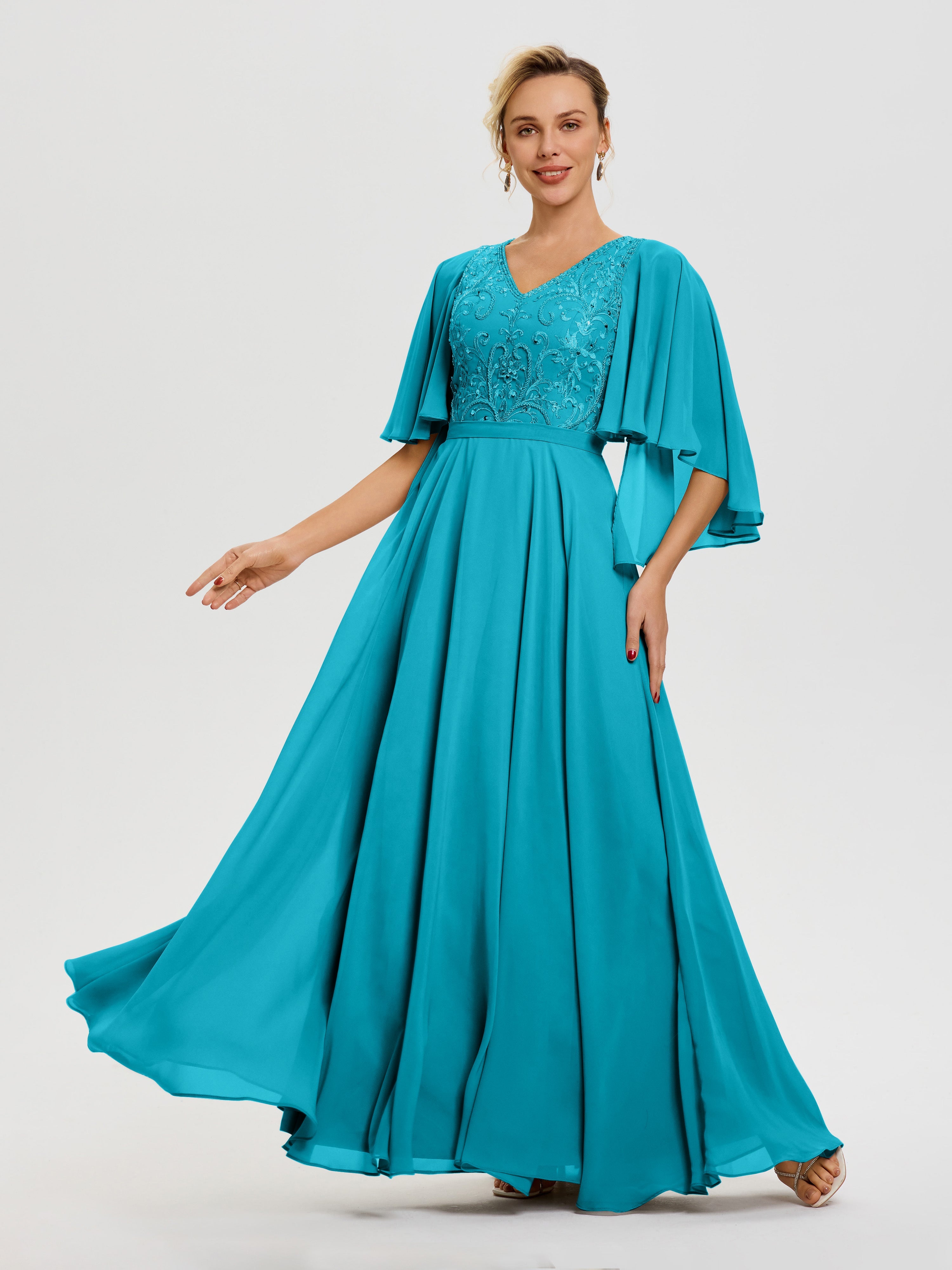 Mother Of The Bride Dresses Jade Green V-Neck A-Line Half Sleeves Ruch
