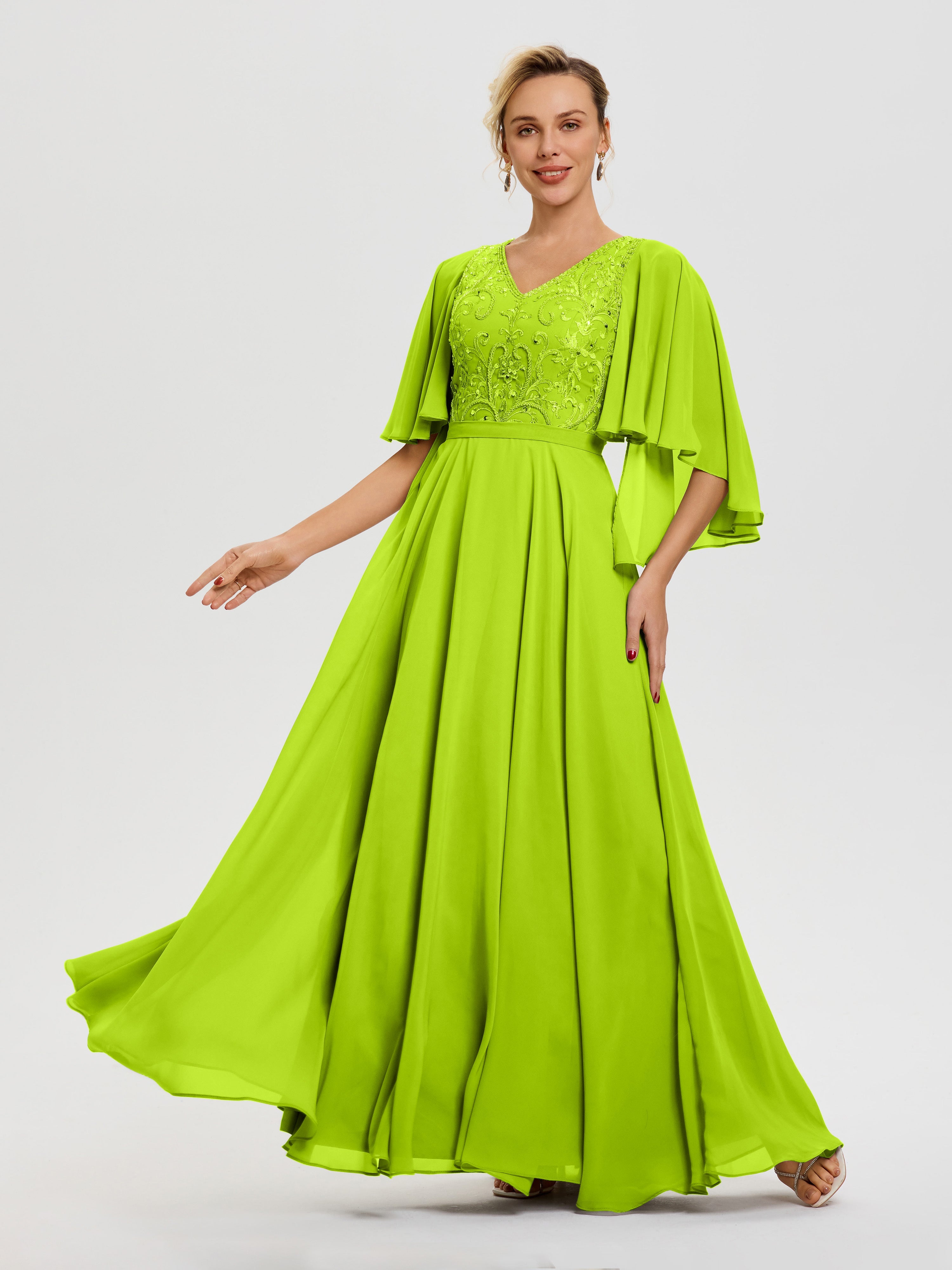 Mother Of The Bride Dresses Lime Green V-Neck A-Line Half Sleeves Ruch Mother Of The Bride Dresses Lime Green V-Neck A-Line Half Sleeves Ruch