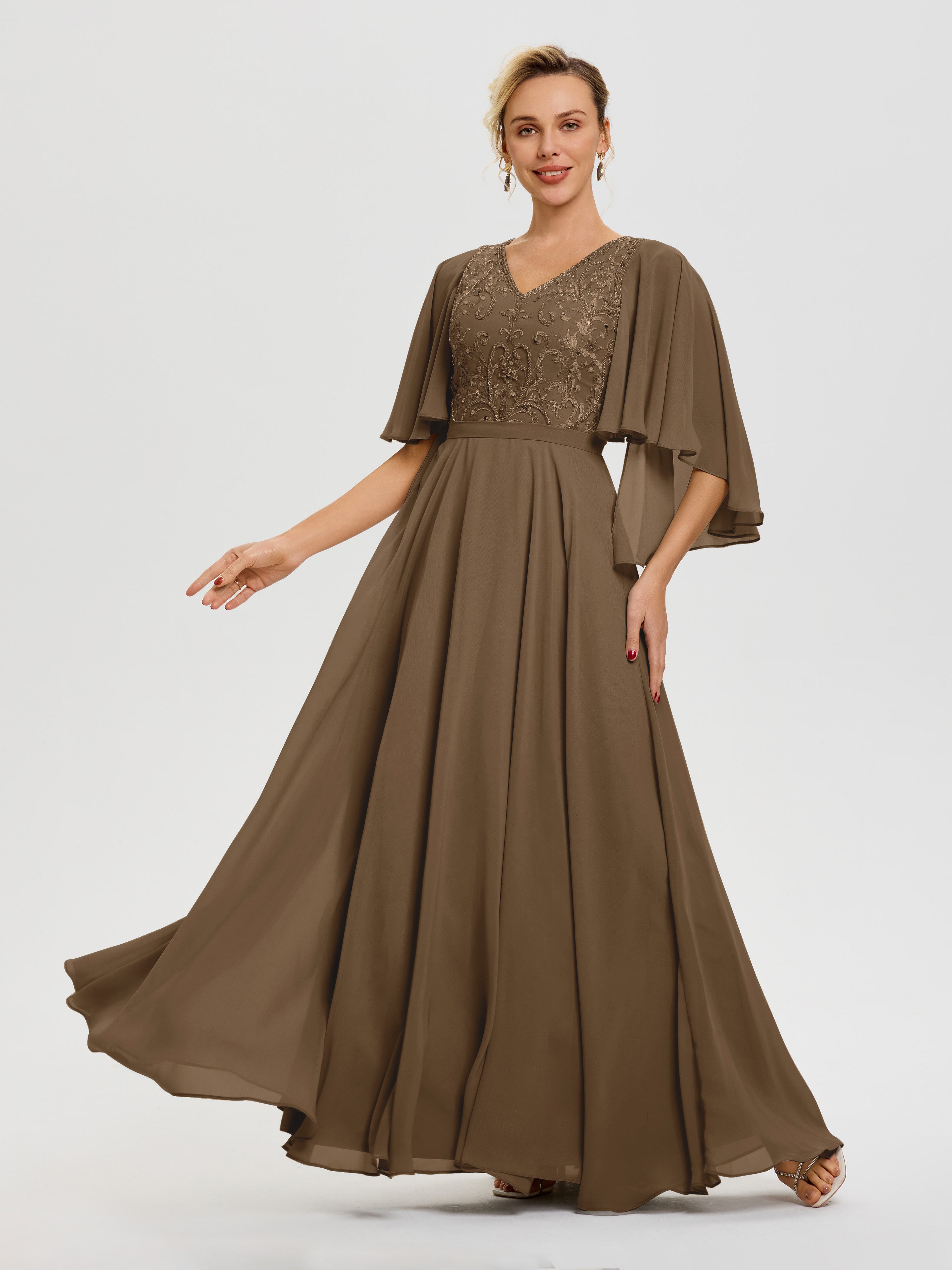 Mocha Colored Mother Of The Bride Dresses V-Neck A-Line Half Sleeves Ruched Zipper Long Chiffon Mother Of The Bride Dress Mocha Colored Mother Of The Bride Dresses V-Neck A-Line Half Sleeves Ruched Zipper Long Chiffon Mother Of The Bride Dress