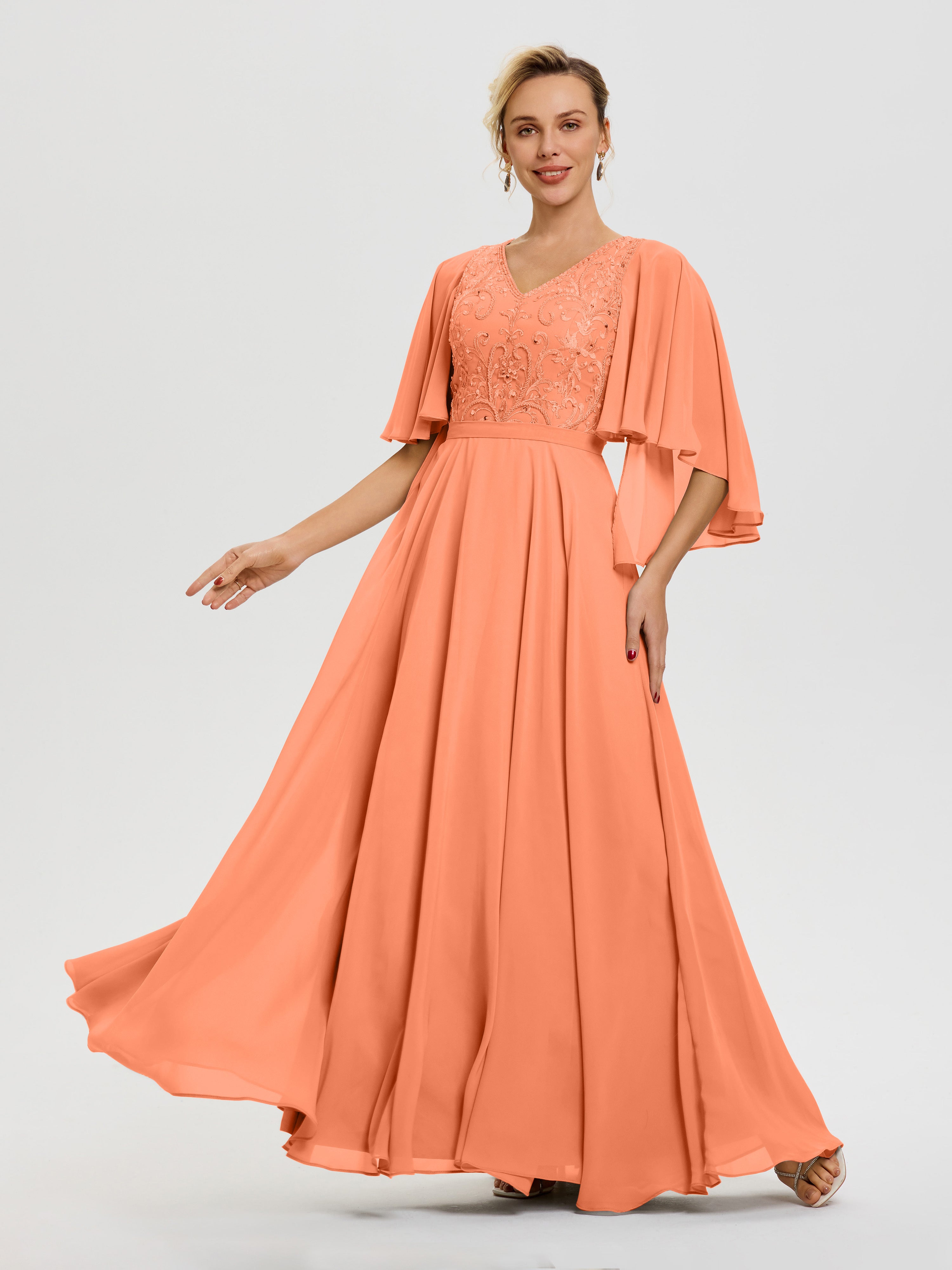 Long V Neck Chiffon Bridesmaid Dress Papaya